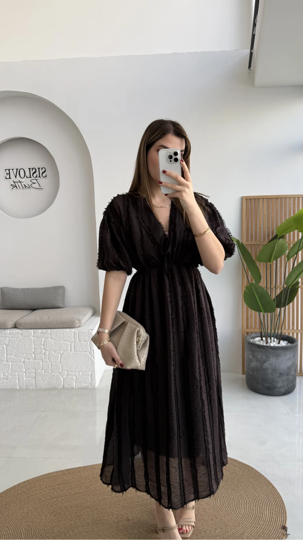 Alise Püsküllü V Yaka Balon Kol Elbise - Acı Kahve - Kod: 3075