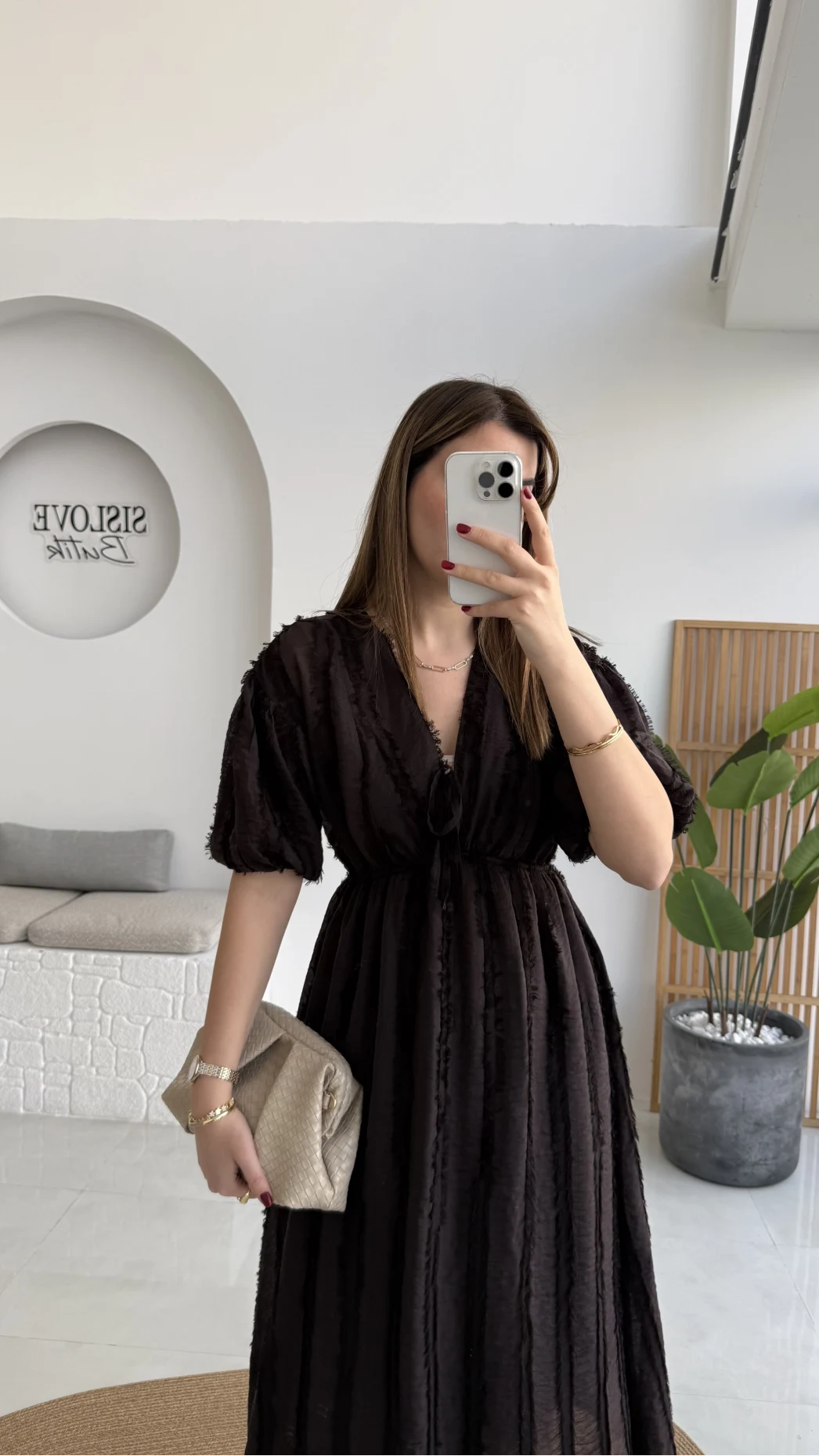 Alise Püsküllü V Yaka Balon Kol Elbise - Acı Kahve - Kod: 3075