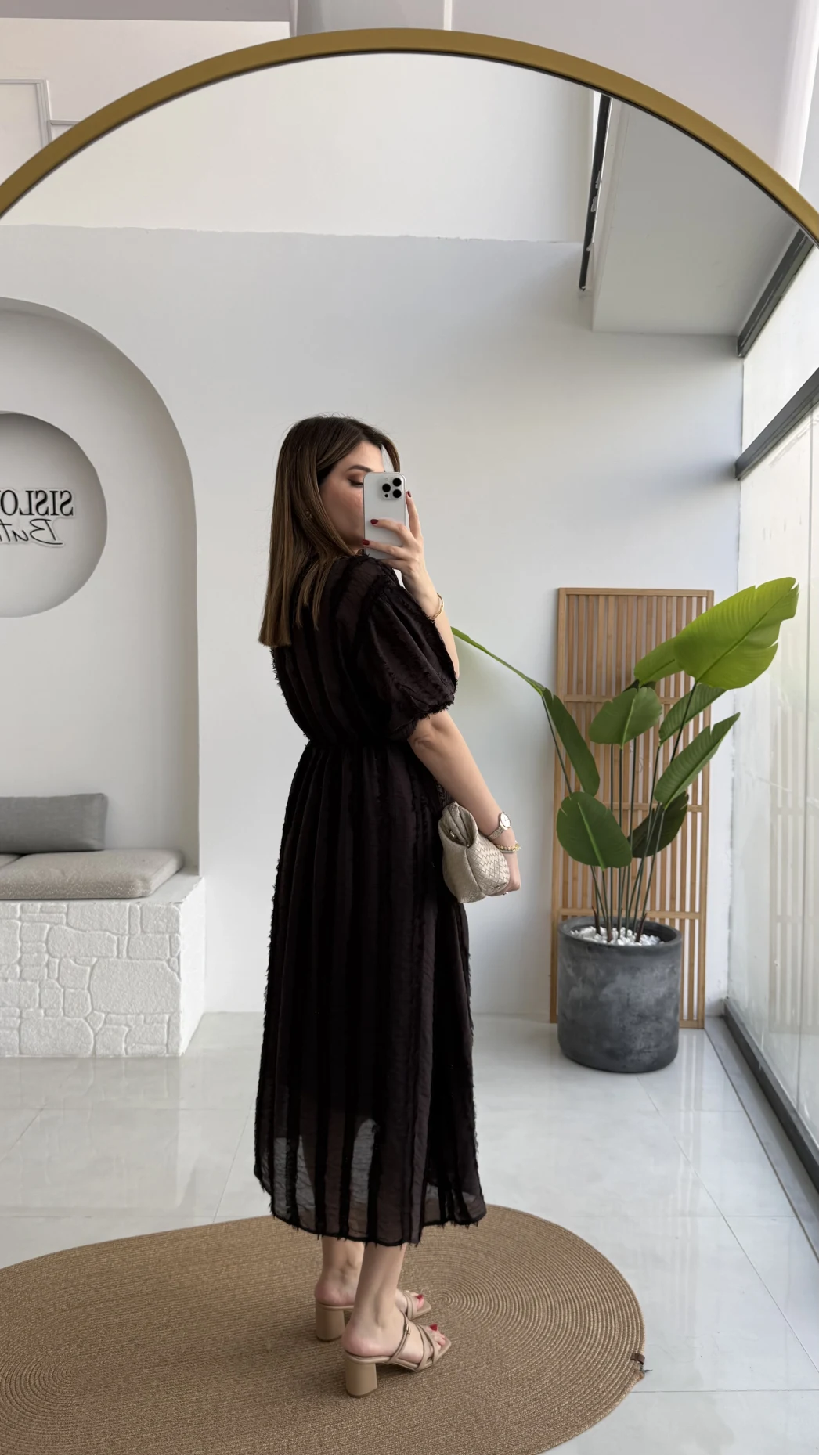 Alise Püsküllü V Yaka Balon Kol Elbise - Acı Kahve - Kod: 3075