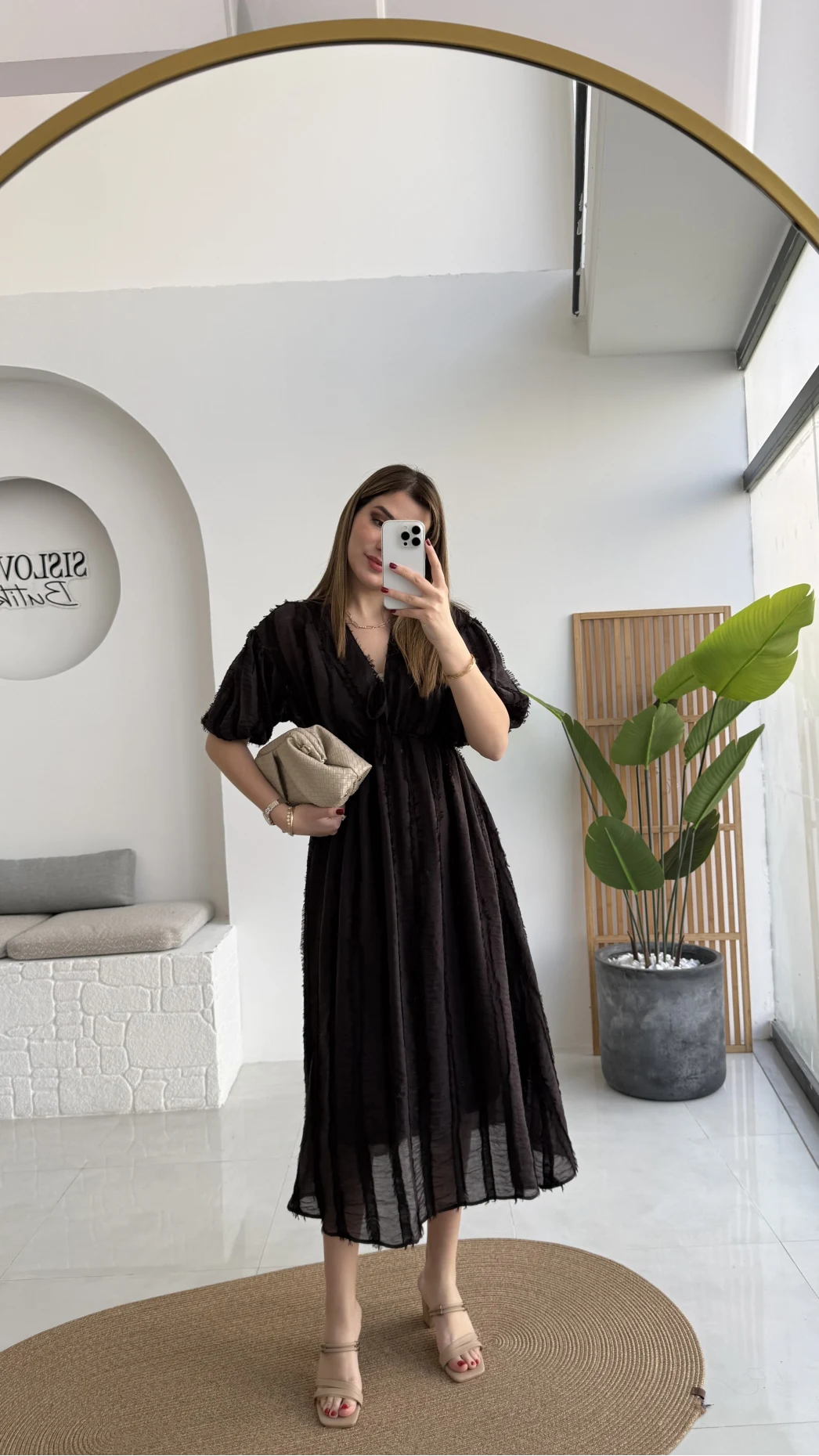 Alise Püsküllü V Yaka Balon Kol Elbise - Acı Kahve - Kod: 3075