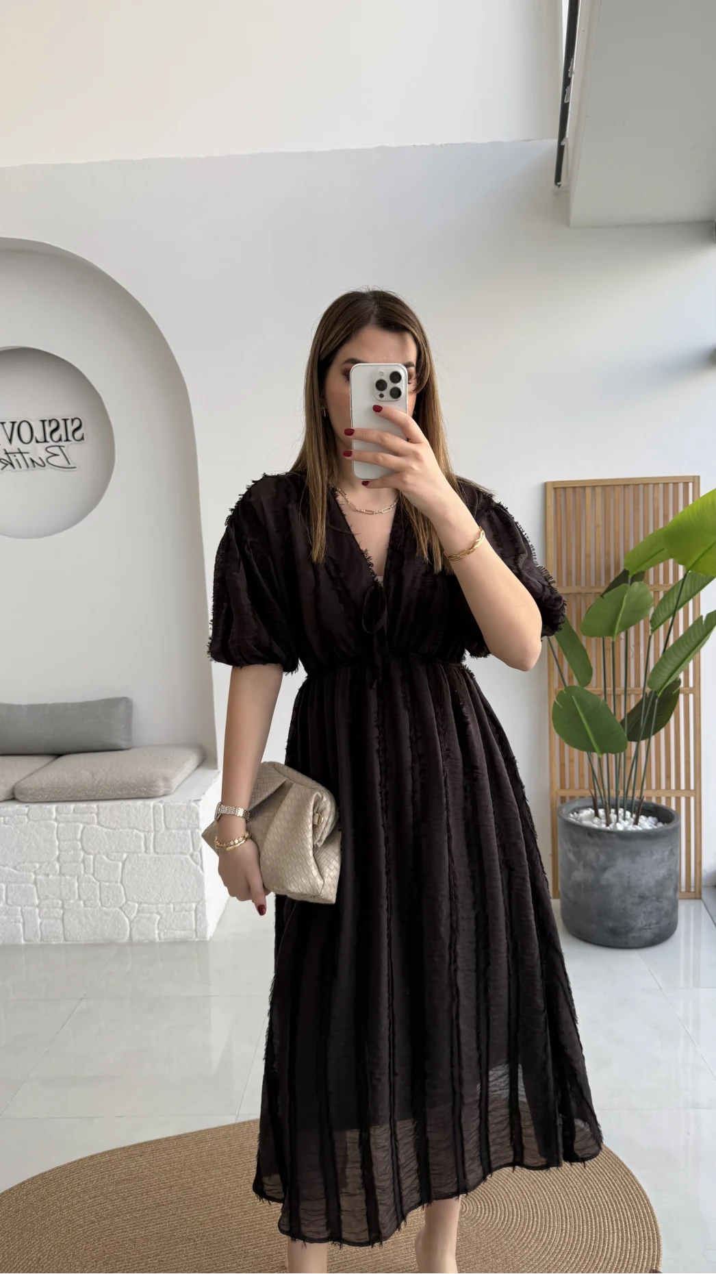 Alise Püsküllü V Yaka Balon Kol Elbise - Acı Kahve - Kod: 3075