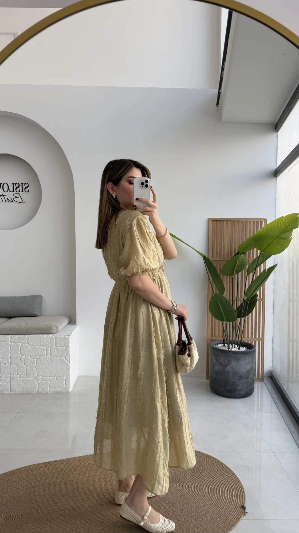 Alise Püsküllü V Yaka Balon Kol Elbise - Yeşil - Kod: 3075