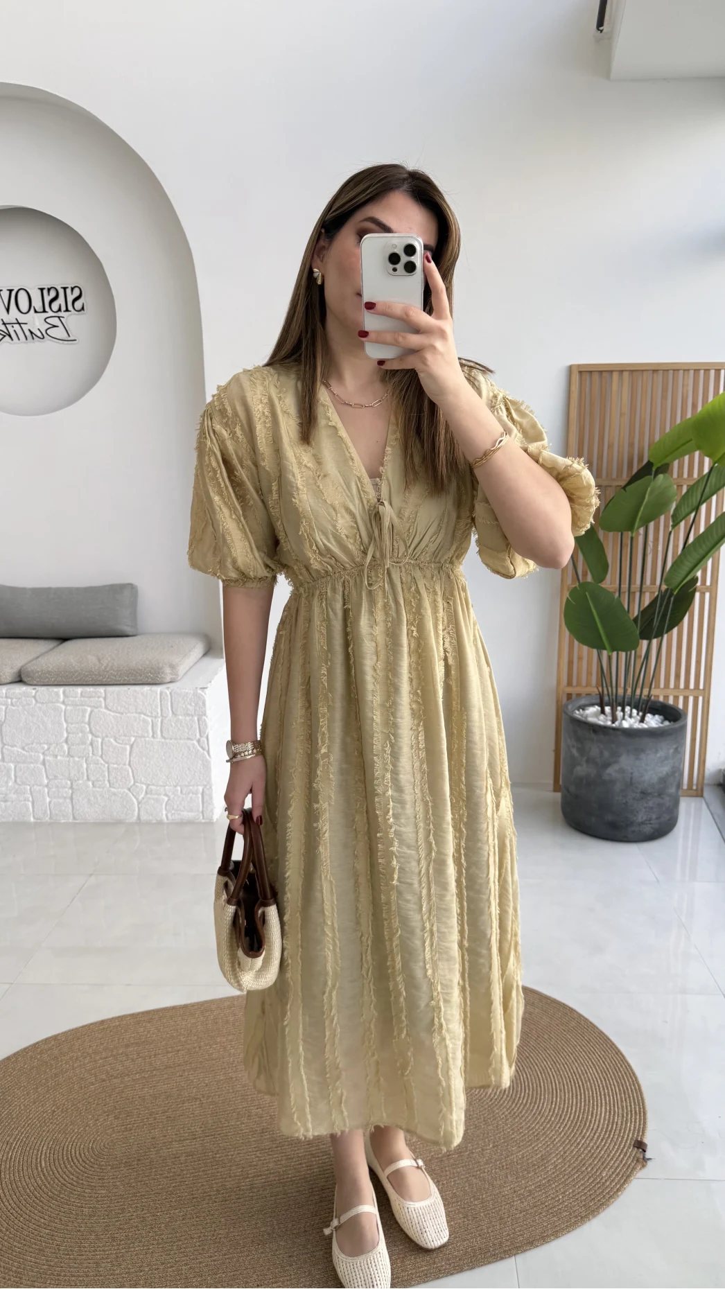 Alise Püsküllü V Yaka Balon Kol Elbise - Yeşil - Kod: 3075