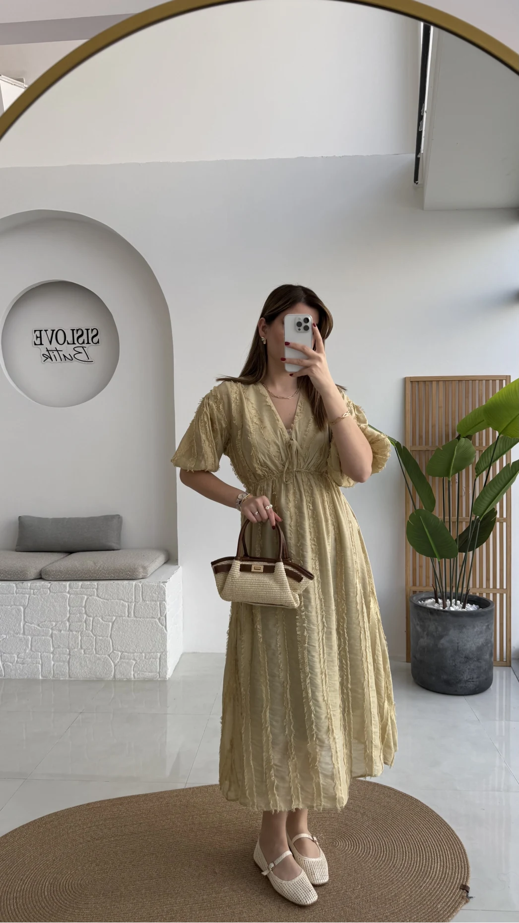 Alise Püsküllü V Yaka Balon Kol Elbise - Yeşil - Kod: 3075