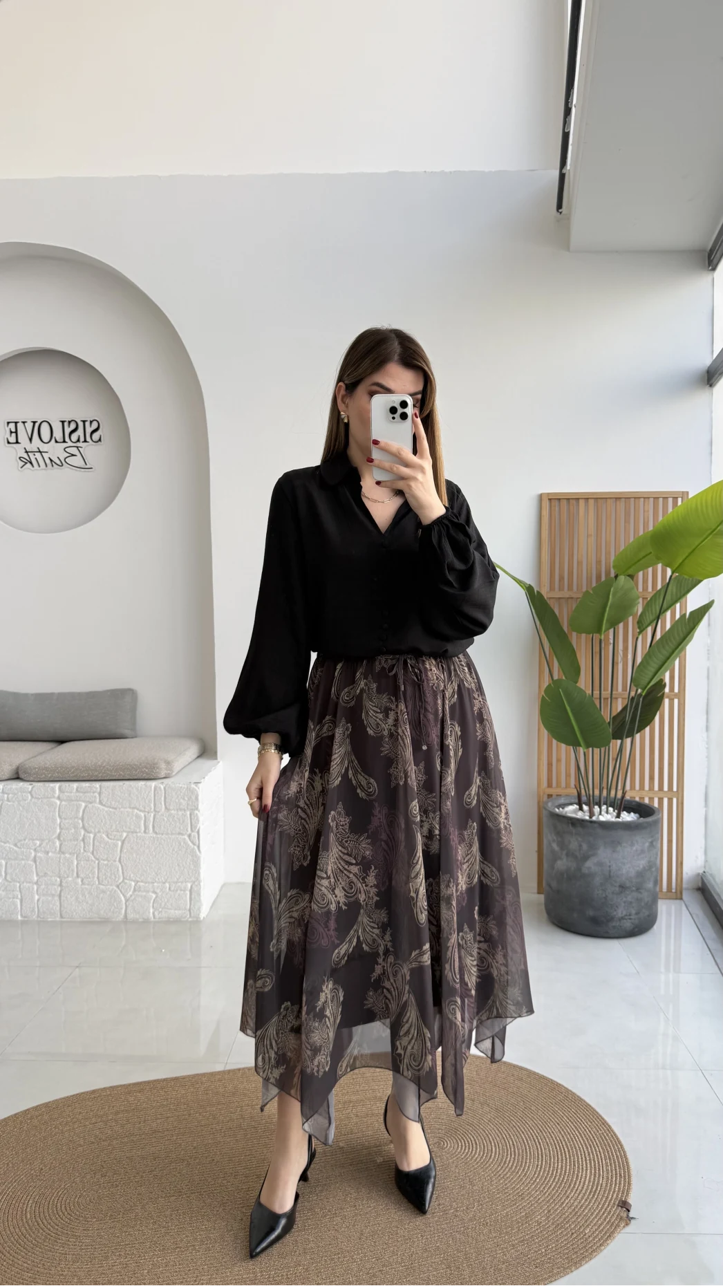 Janeka Desenli Asimetrik Kesim Şifon Etek - Kahve - Kod: 1293