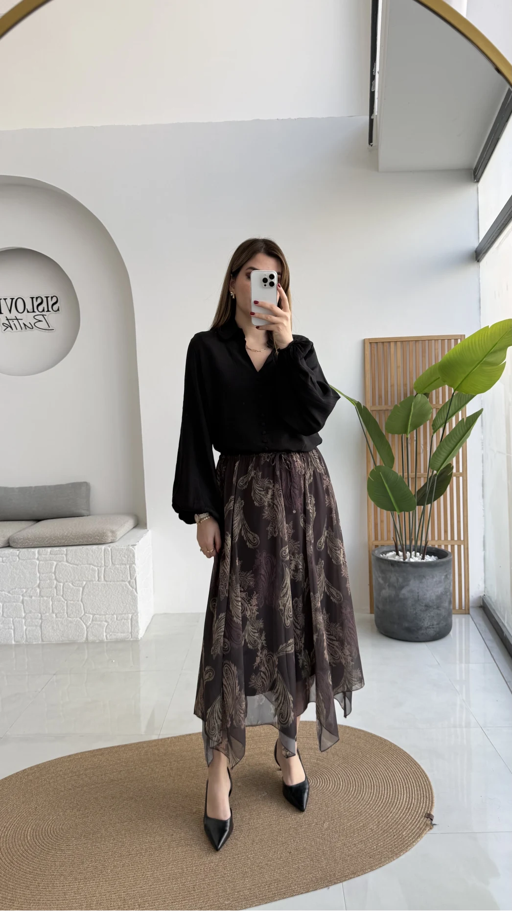 Janeka Desenli Asimetrik Kesim Şifon Etek - Kahve - Kod: 1293