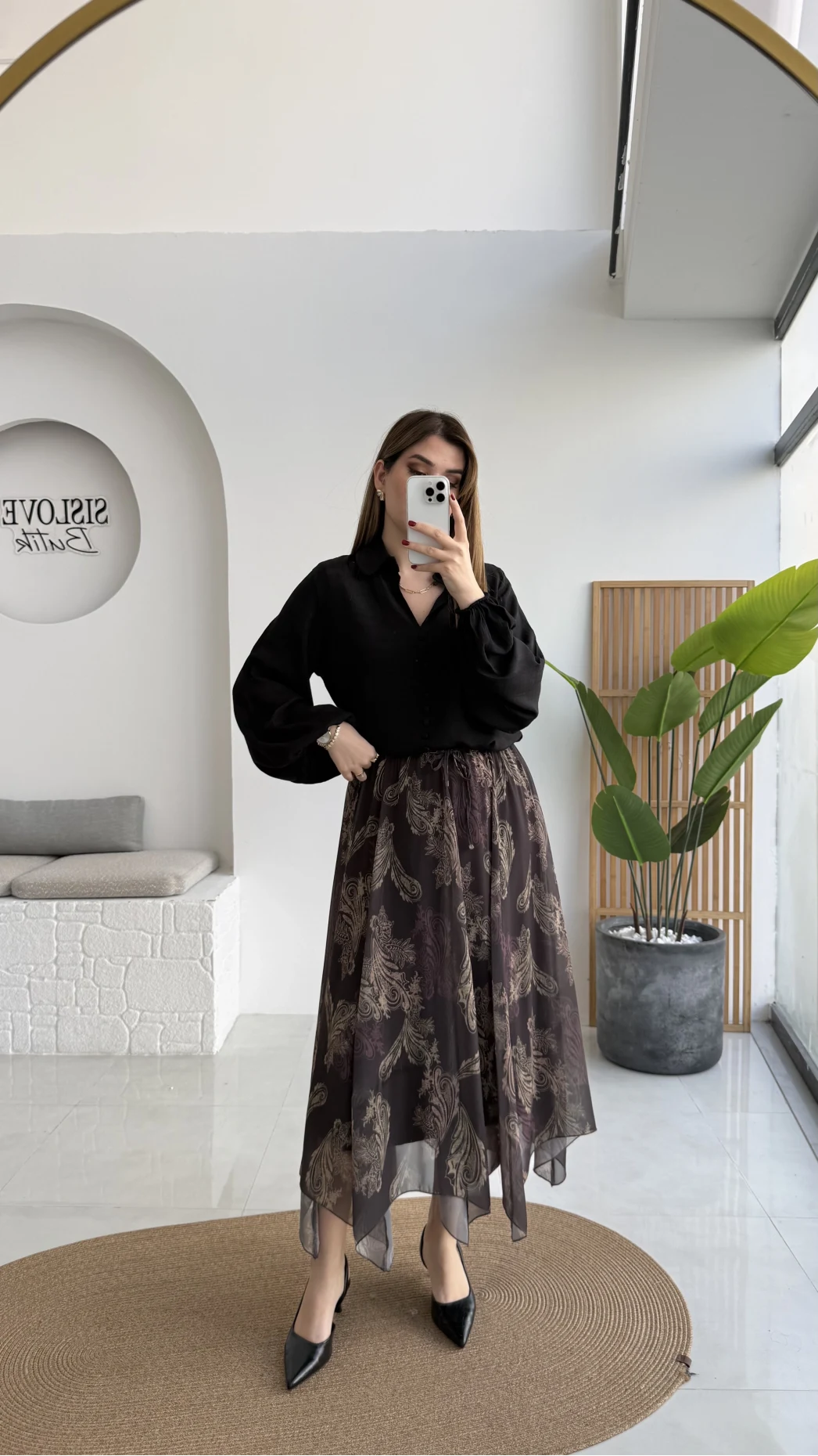 Janeka Desenli Asimetrik Kesim Şifon Etek - Kahve - Kod: 1293