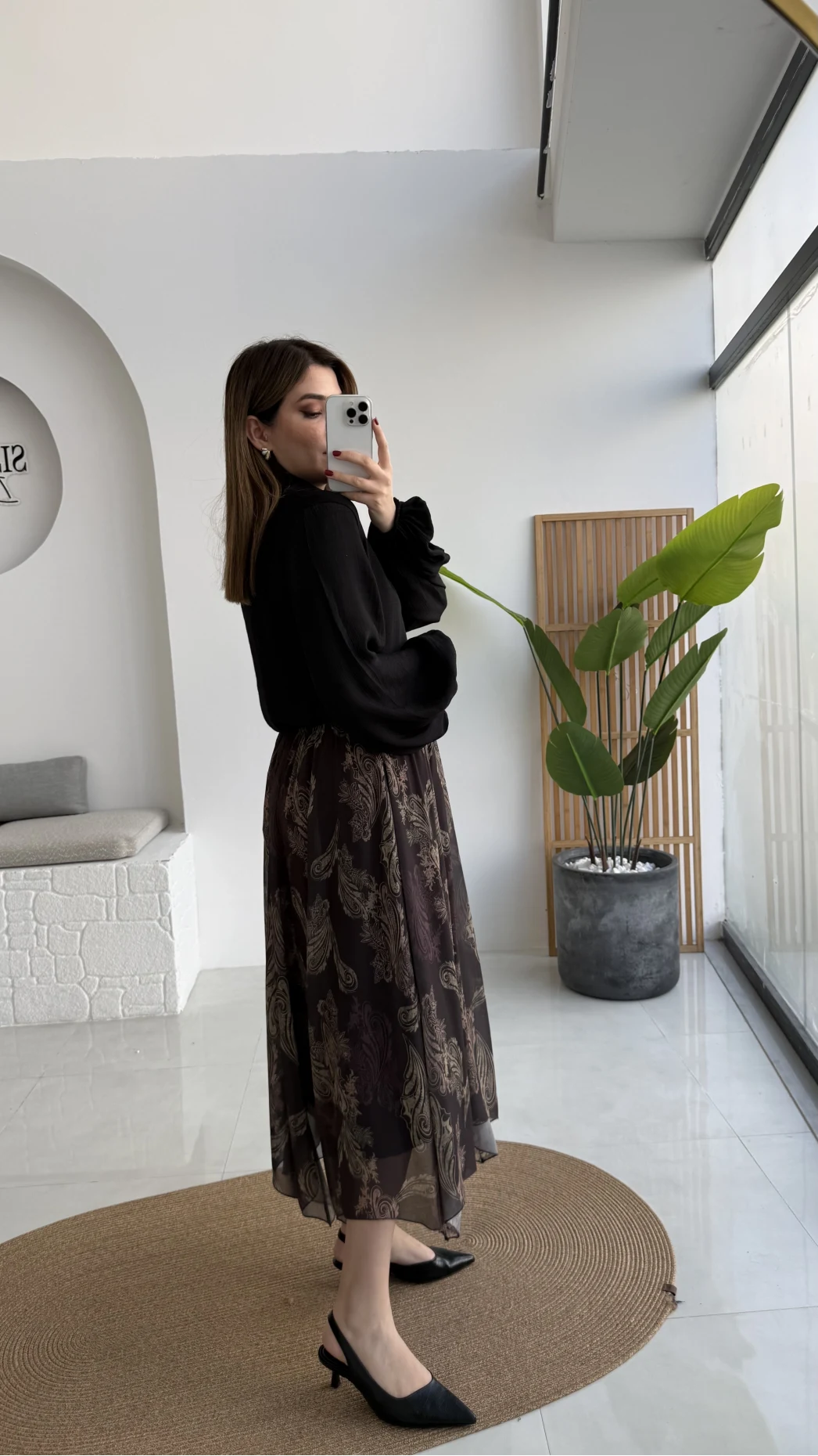 Janeka Desenli Asimetrik Kesim Şifon Etek - Kahve - Kod: 1293