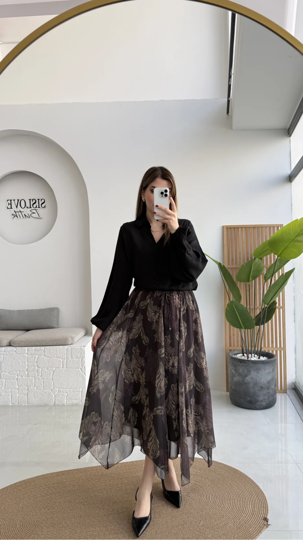 Janeka Desenli Asimetrik Kesim Şifon Etek - Kahve - Kod: 1293