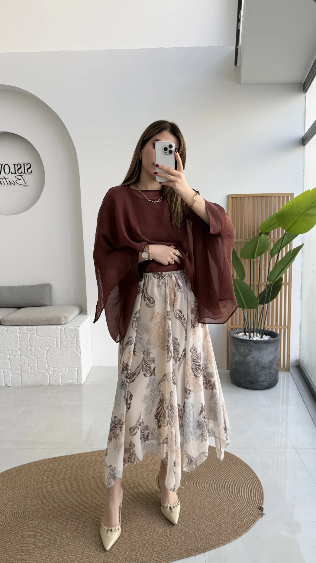 Janeka Desenli Asimetrik Kesim Şifon Etek - Bej - Kod: 1293