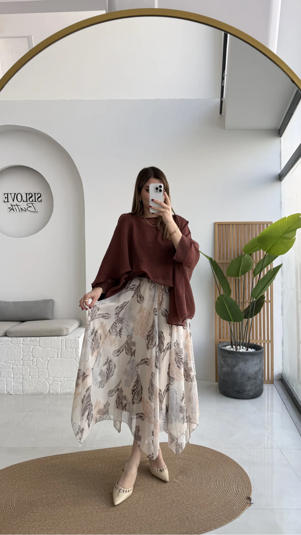 Janeka Desenli Asimetrik Kesim Şifon Etek - Bej - Kod: 1293