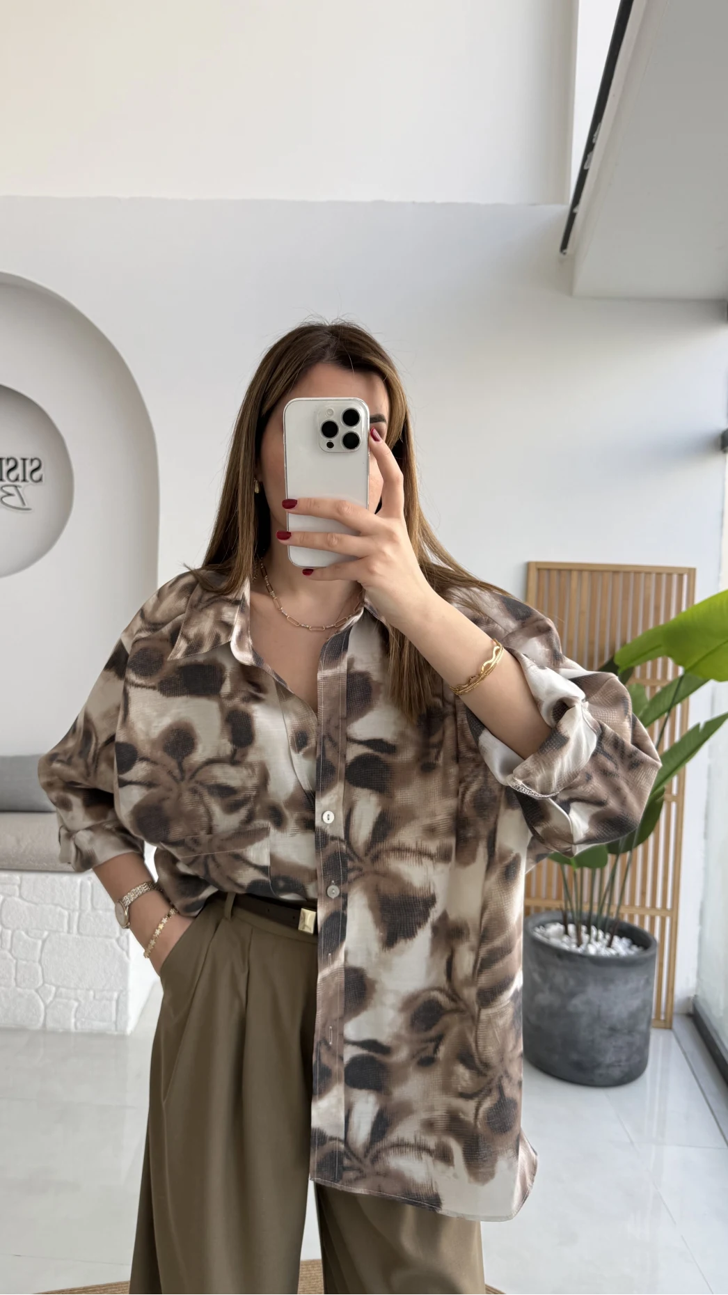 Kaety Desenli Gömlek - Kahve - Kod: 5040