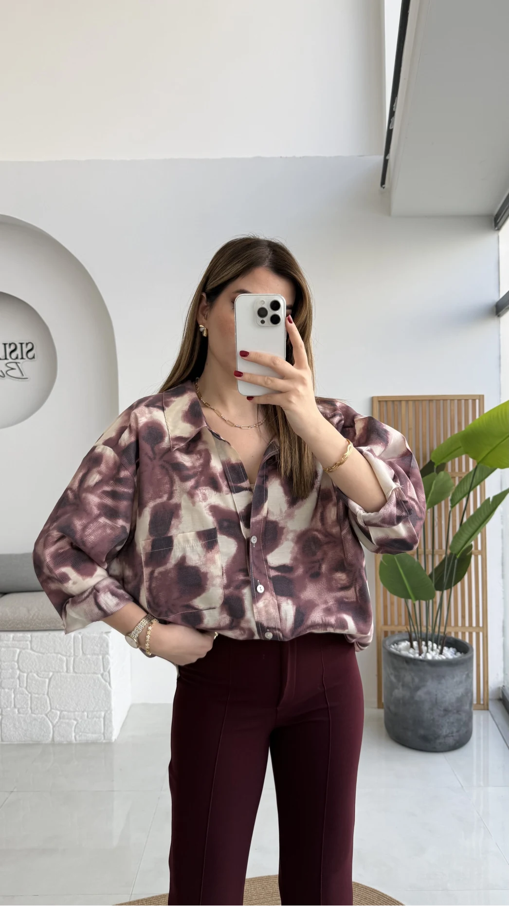 Kaety Desenli Gömlek - Bordo - Kod: 5040