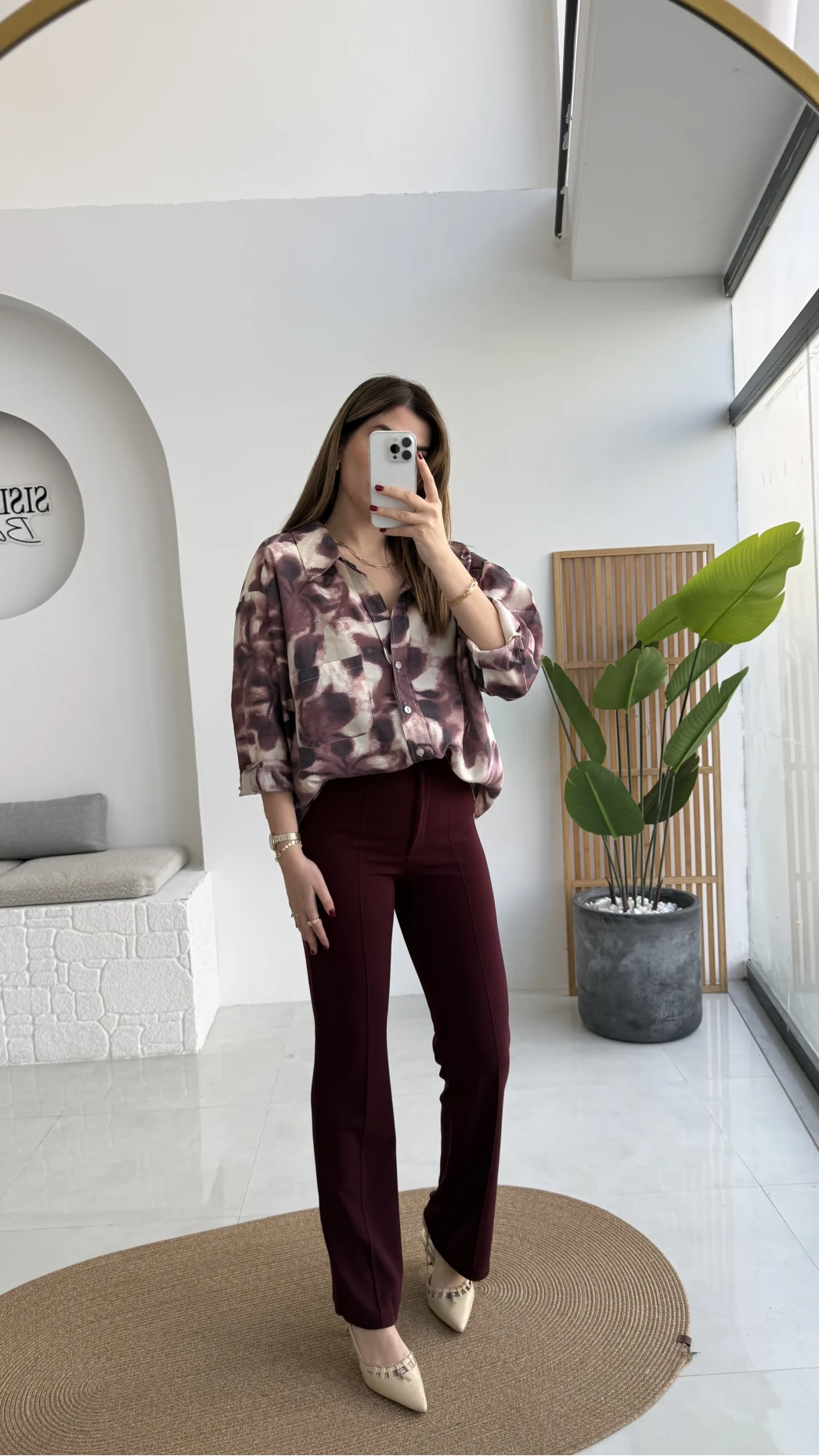 Kaety Desenli Gömlek - Bordo - Kod: 5040