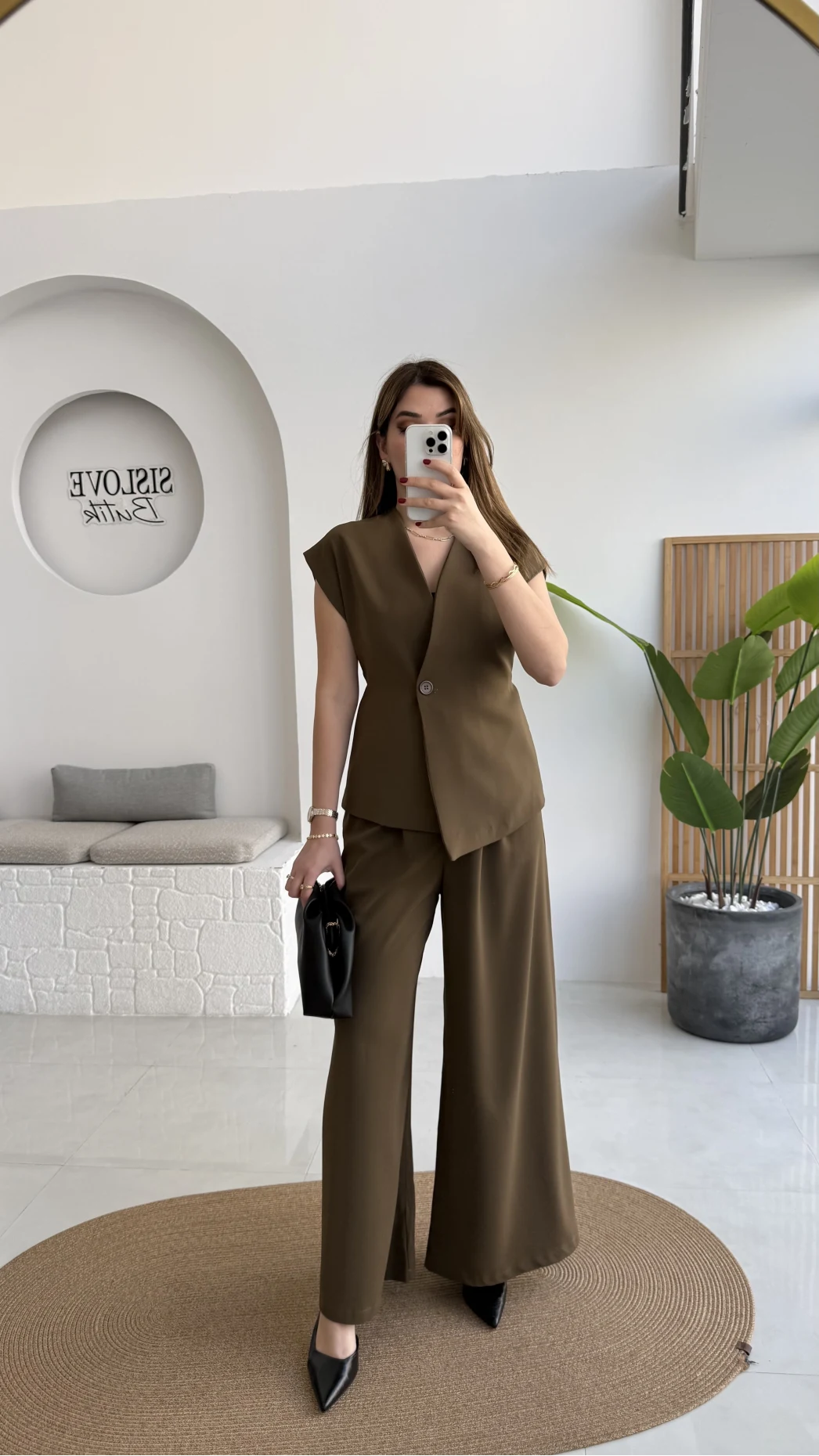 Adena Bağcıklı Bol Paça Pantolon Yelek Takım - Haki - Kod: 9306