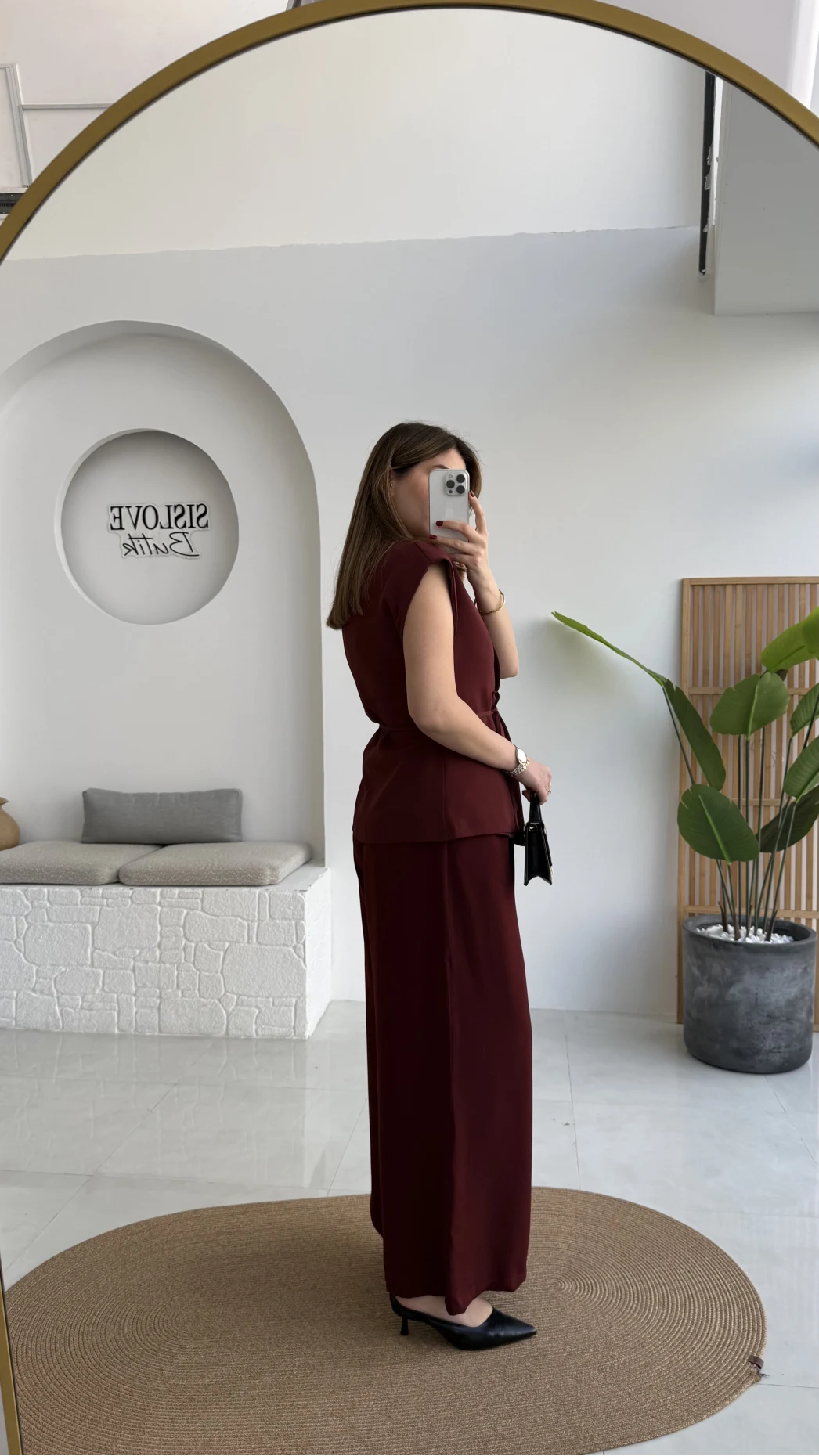 Adena Bağcıklı Bol Paça Pantolon Yelek Takım - Bordo - Kod: 9306