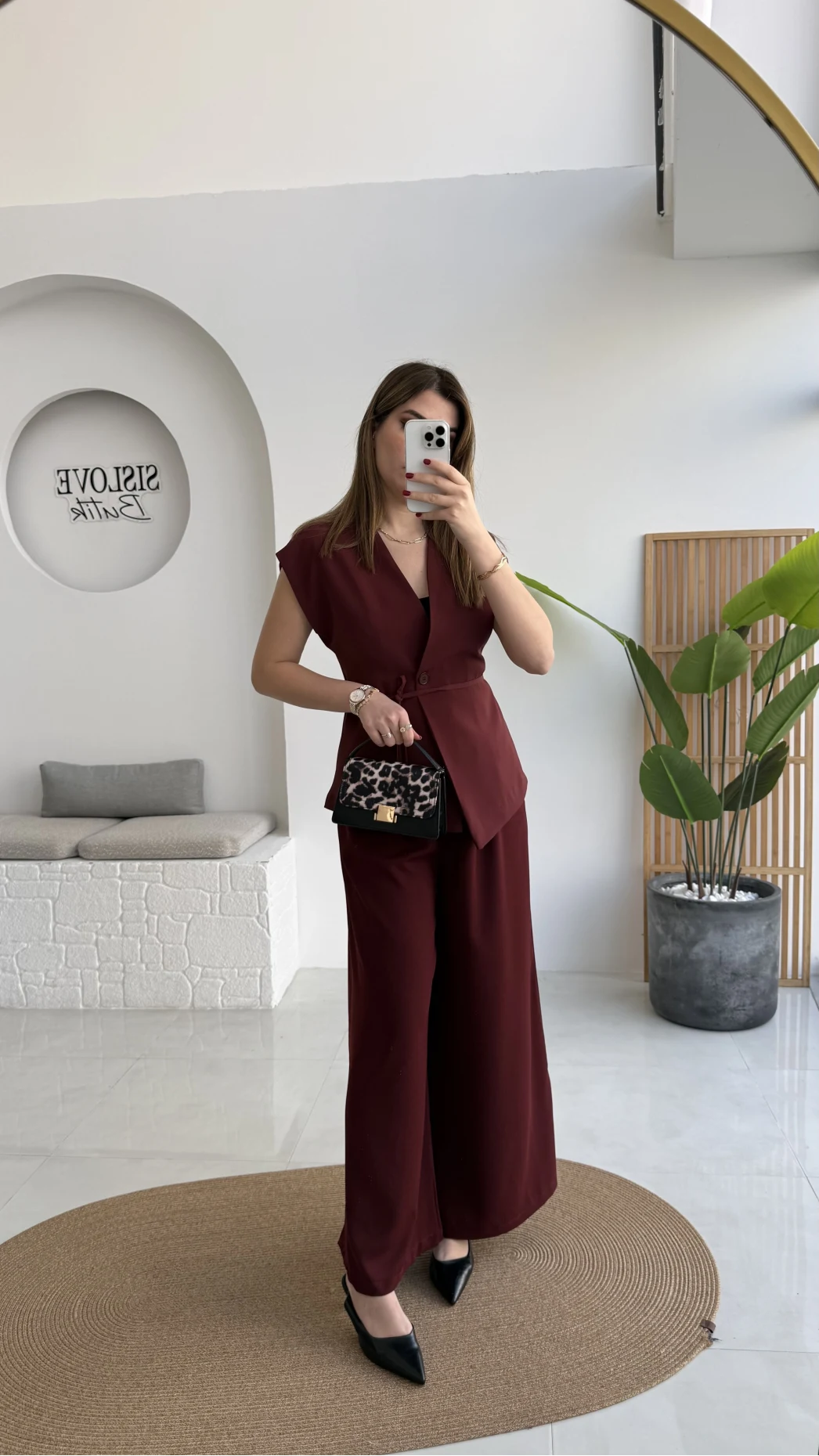 Adena Bağcıklı Bol Paça Pantolon Yelek Takım - Bordo - Kod: 9306