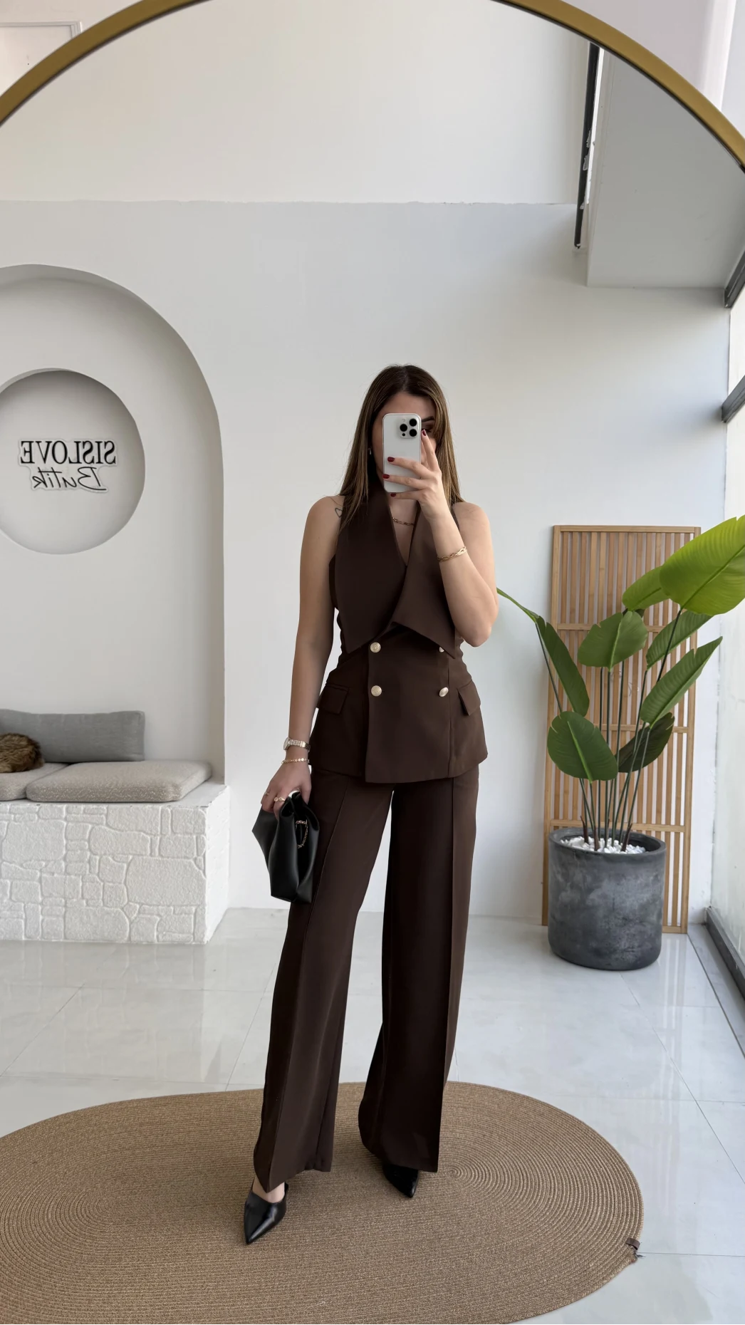 Rowena Yaka Detay Yelek-Pantolon Takım - Bitter - Kod: 9692