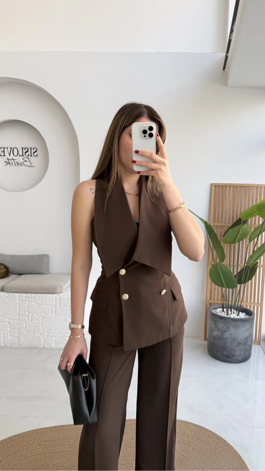 Rowena Yaka Detay Yelek-Pantolon Takım - Bitter - Kod: 9692