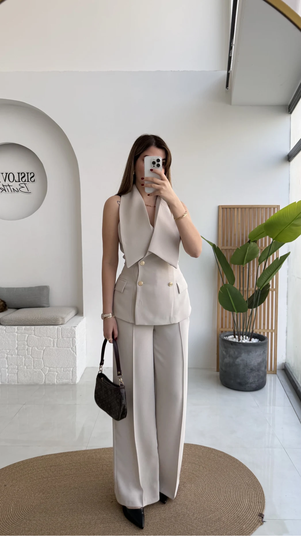 Rowena Yaka Detay Yelek-Pantolon Takım - Bej - Kod: 9692