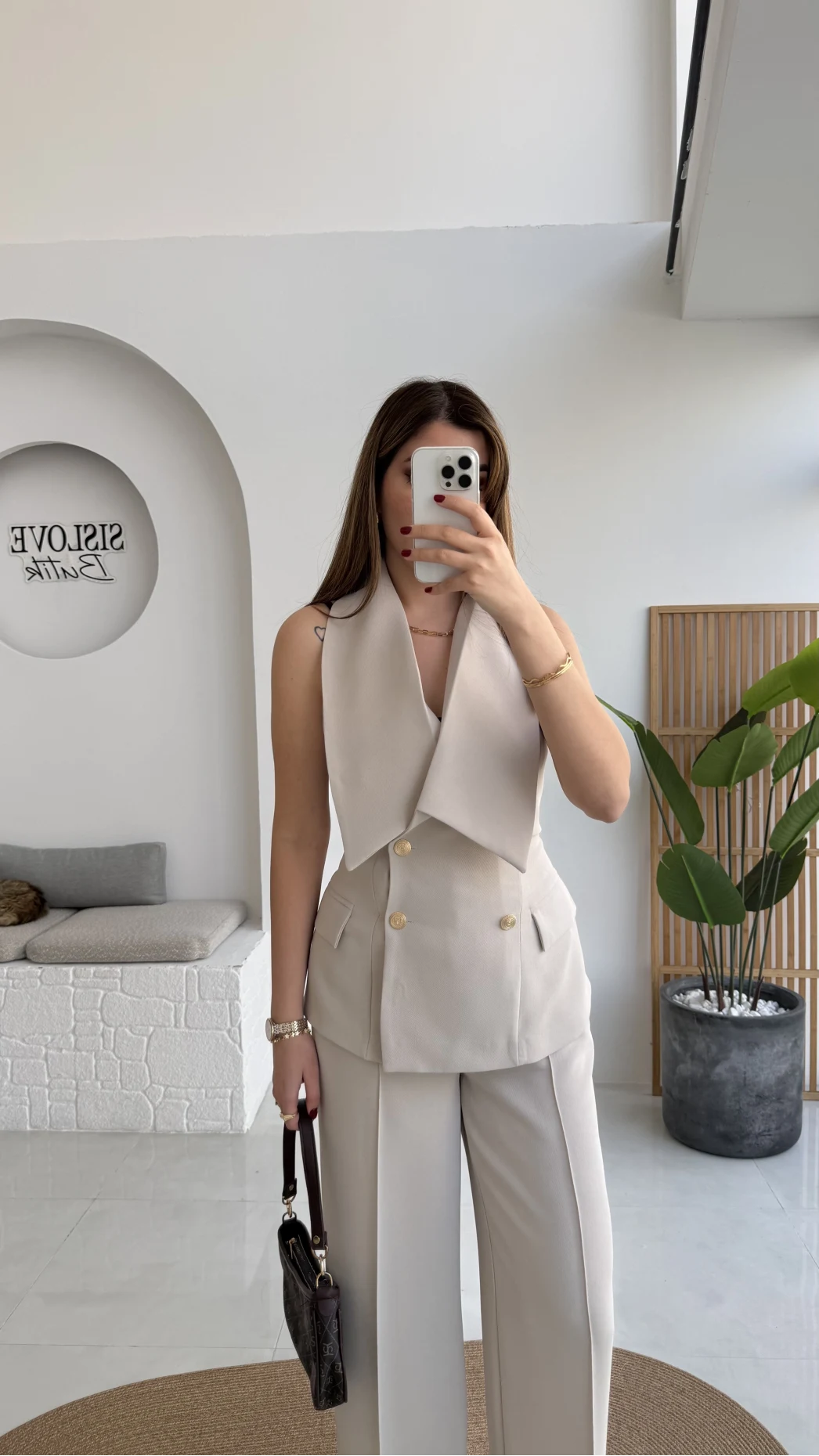 Rowena Yaka Detay Yelek-Pantolon Takım - Bej - Kod: 9692