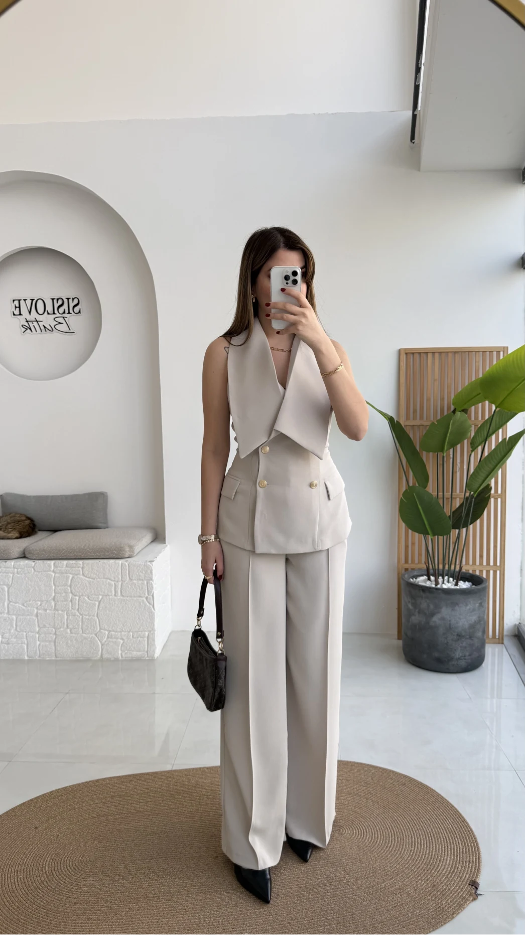 Rowena Yaka Detay Yelek-Pantolon Takım - Bej - Kod: 9692