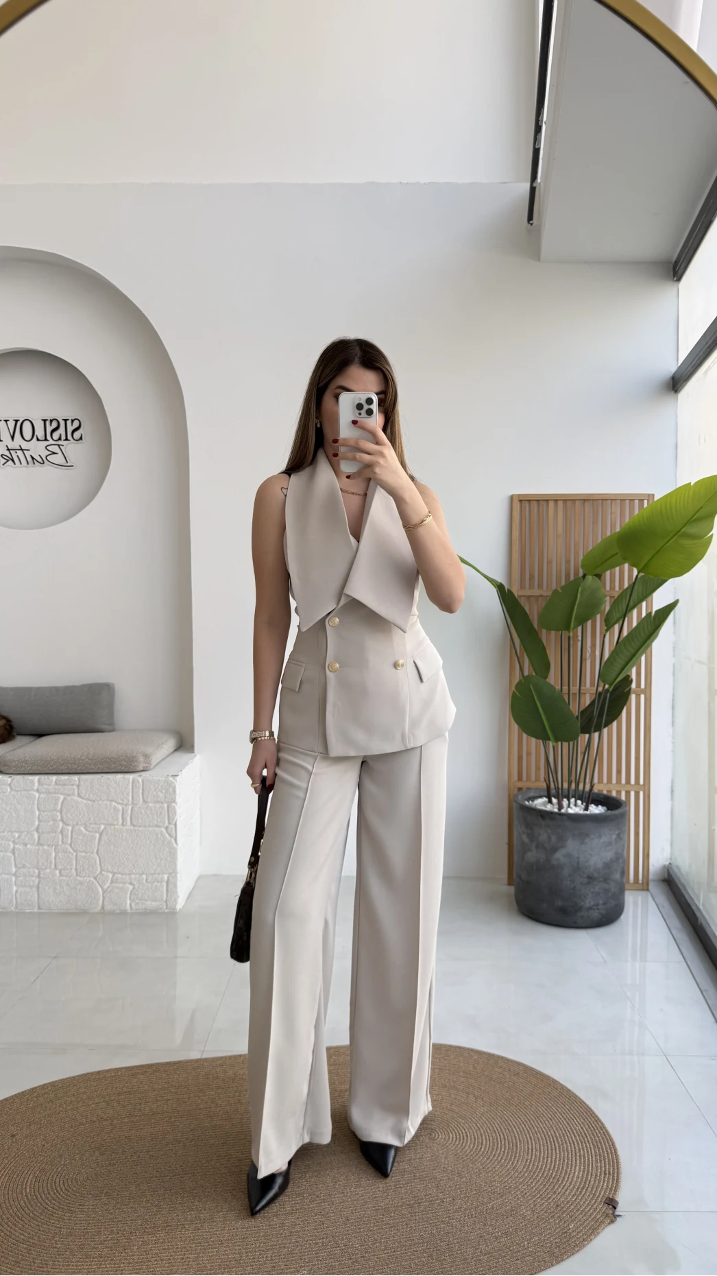 Rowena Yaka Detay Yelek-Pantolon Takım - Bej - Kod: 9692