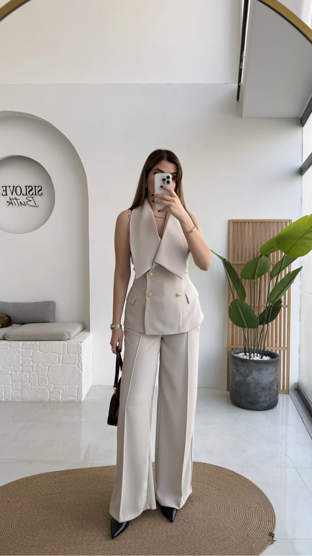 Rowena Yaka Detay Yelek-Pantolon Takım - Bej - Kod: 9692