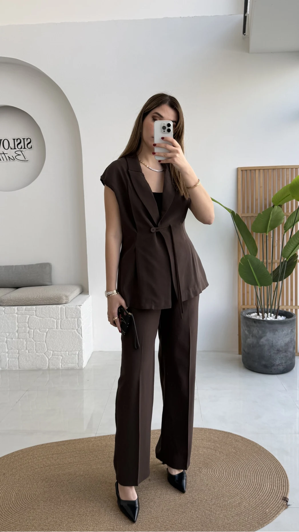 Enola Blazer Yelek-Pantolon Takım - Kahverengi - Kod: 8995