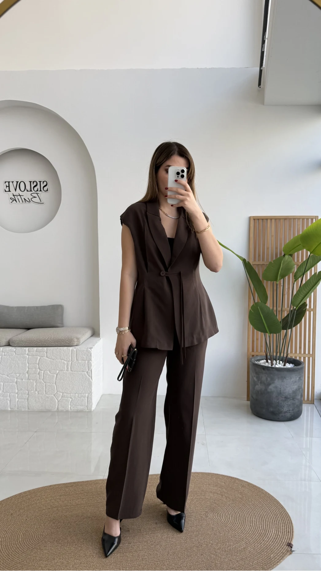 Enola Blazer Yelek-Pantolon Takım - Kahverengi - Kod: 8995