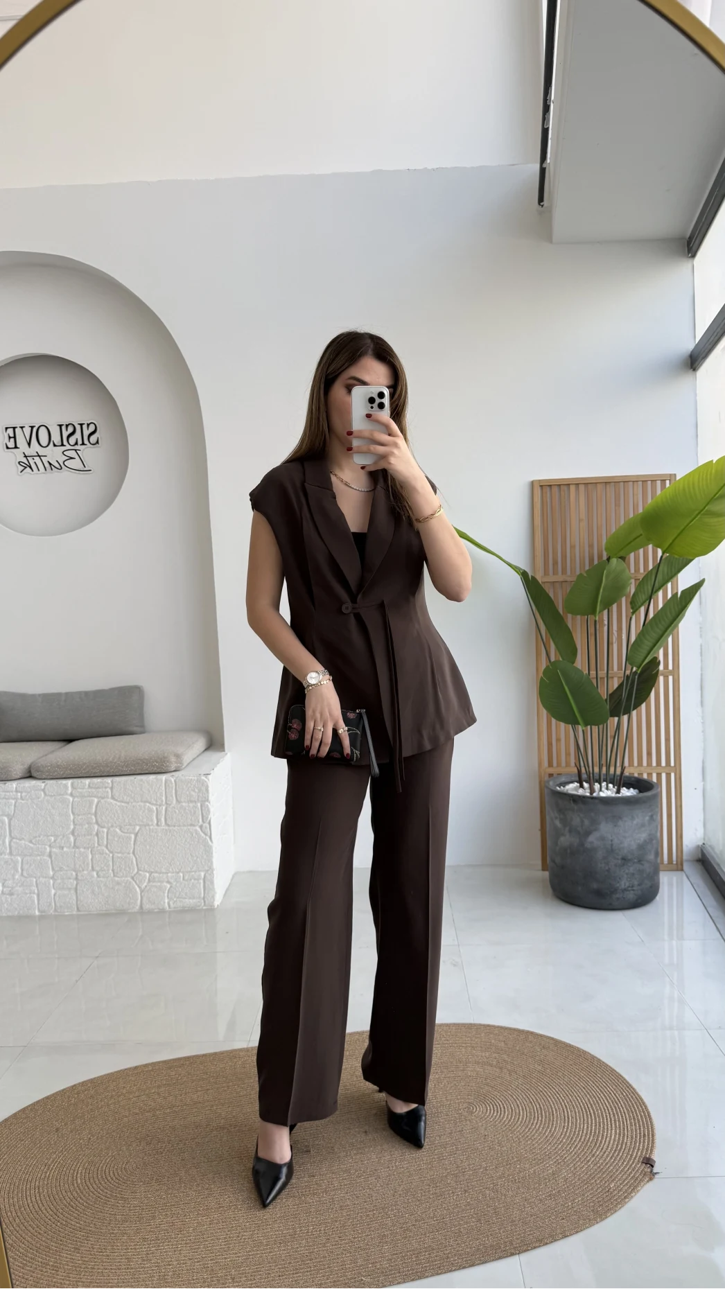 Enola Blazer Yelek-Pantolon Takım - Kahverengi - Kod: 8995