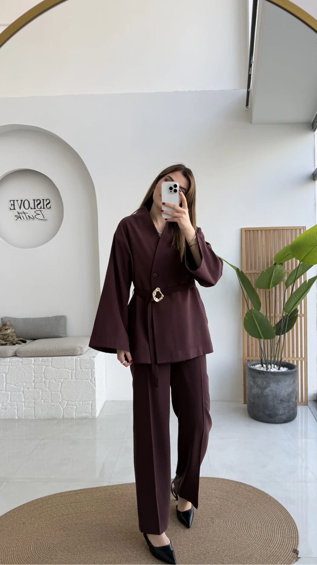 Poppy Toka Kemerli Ceket Pantolon Takım - Mürdüm - Kod: 9021