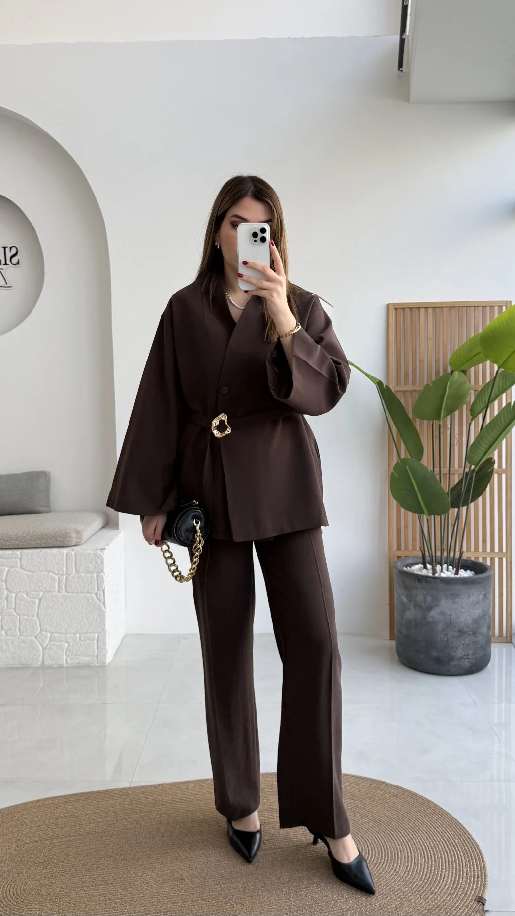 Poppy Toka Kemerli Ceket Pantolon Takım - Kahve - Kod: 9021