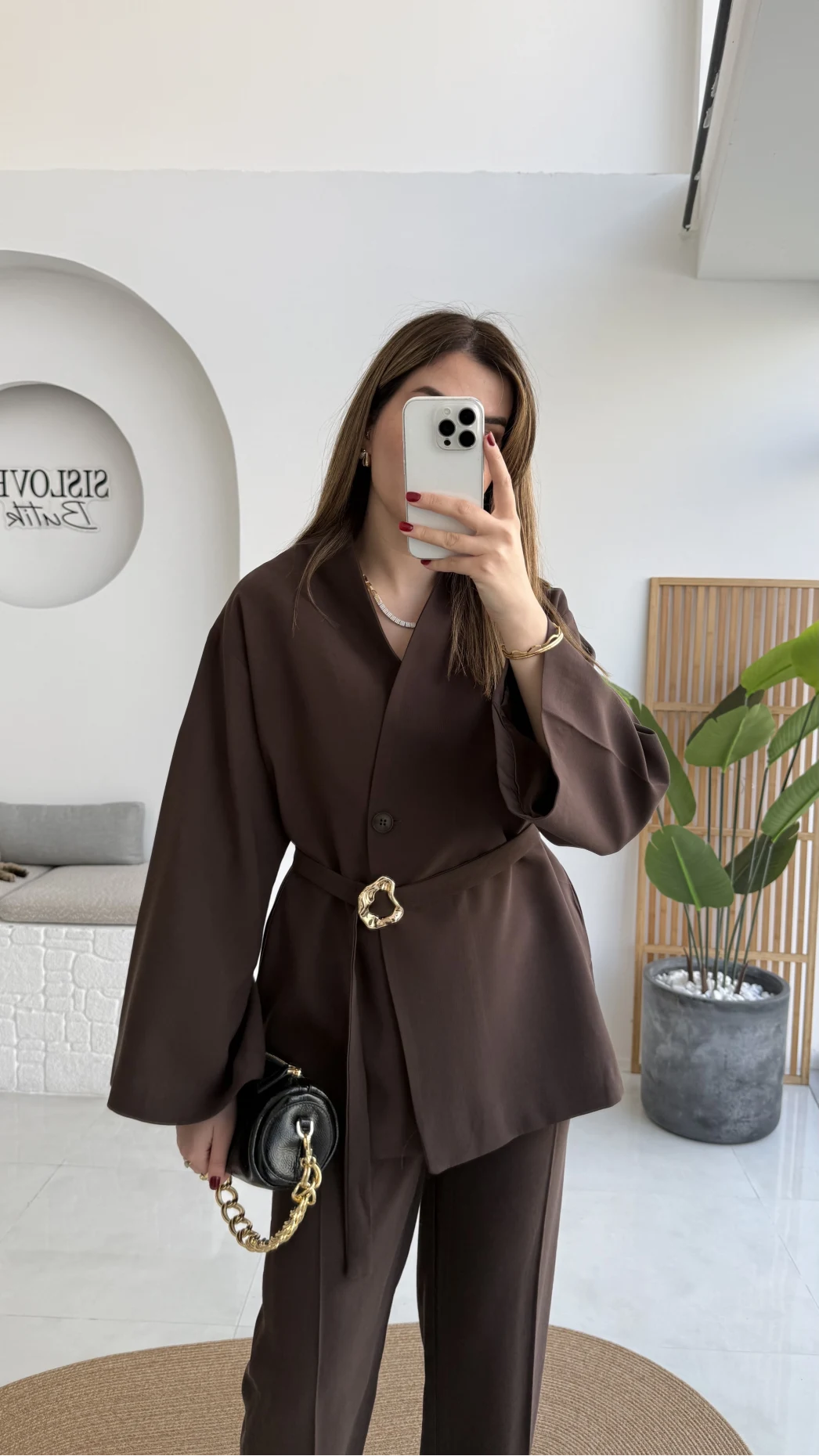 Poppy Toka Kemerli Ceket Pantolon Takım - Kahve - Kod: 9021