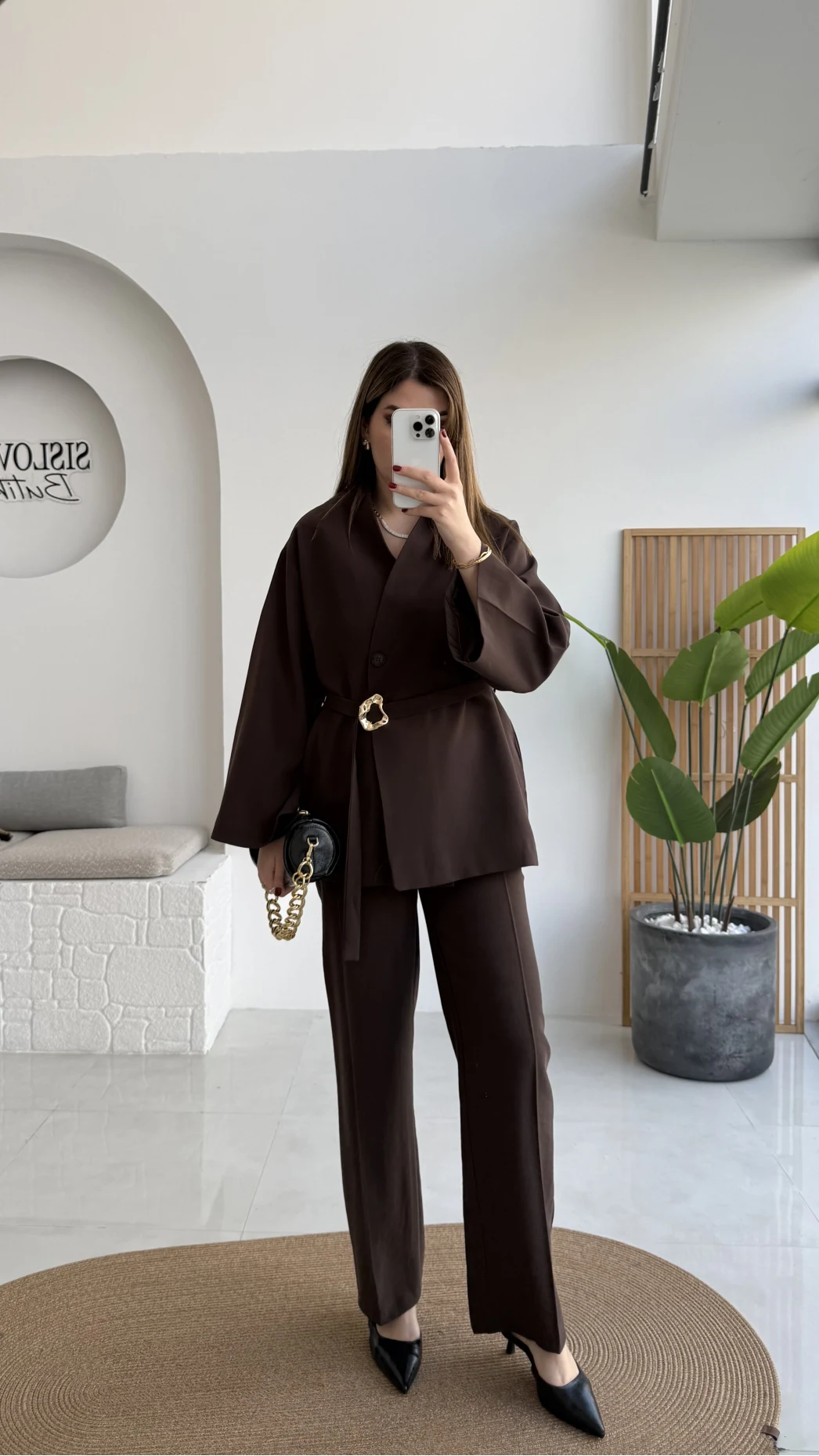 Poppy Toka Kemerli Ceket Pantolon Takım - Kahve - Kod: 9021