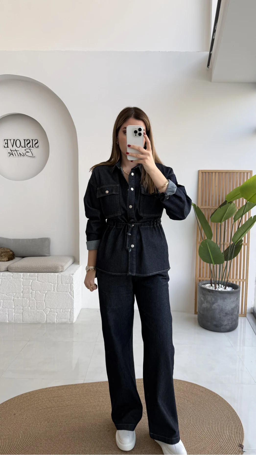 Beli Büzgülü Kot Ceket Takım - Lacivert