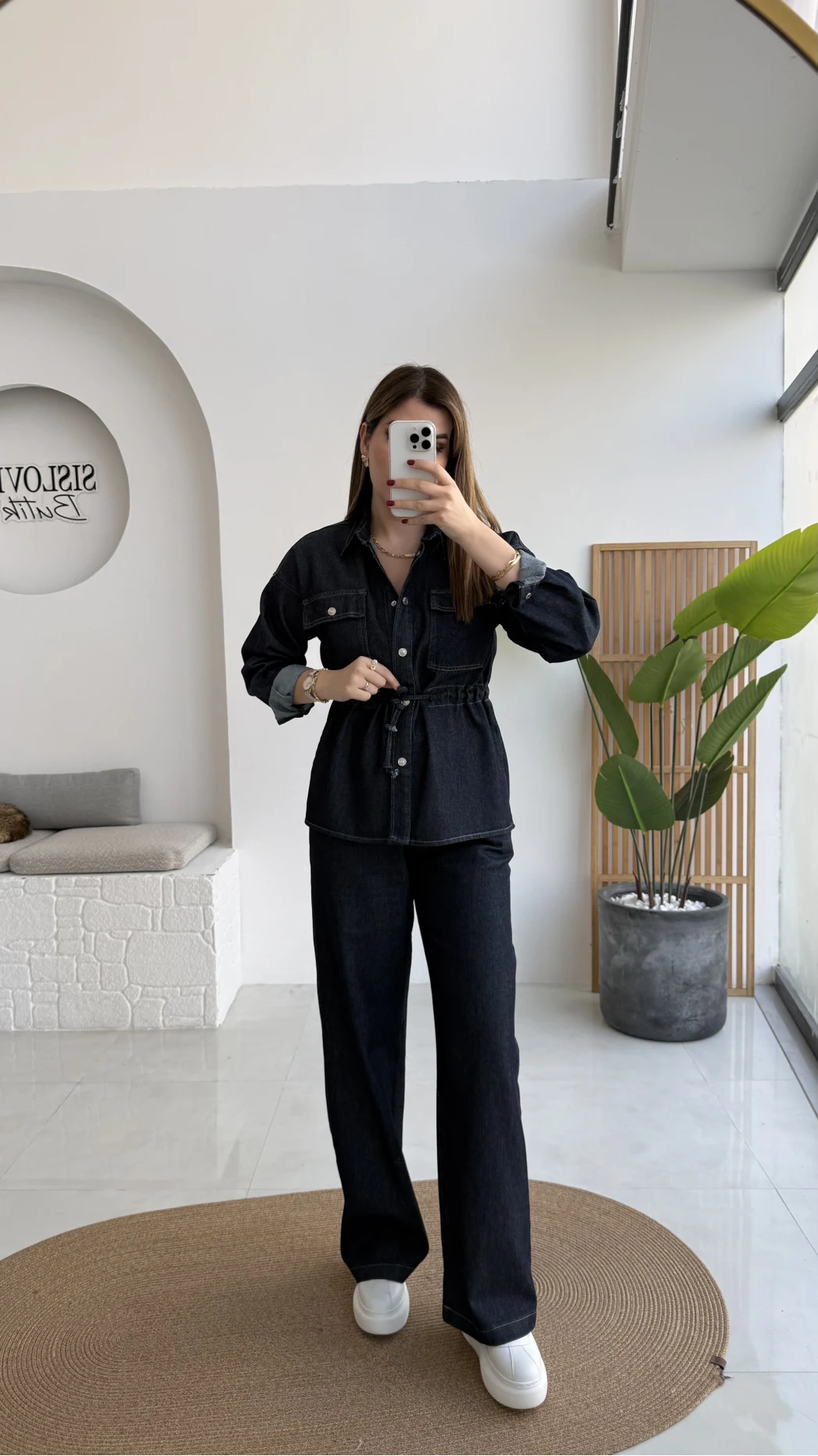 Beli Büzgülü Kot Ceket Takım - Lacivert