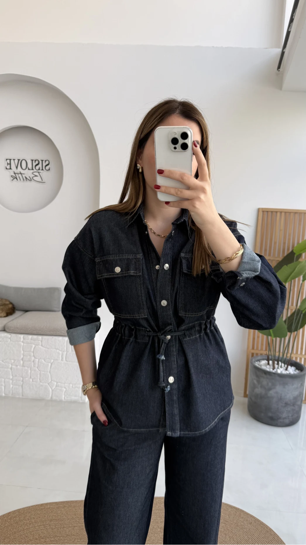 Beli Büzgülü Kot Ceket Takım - Lacivert