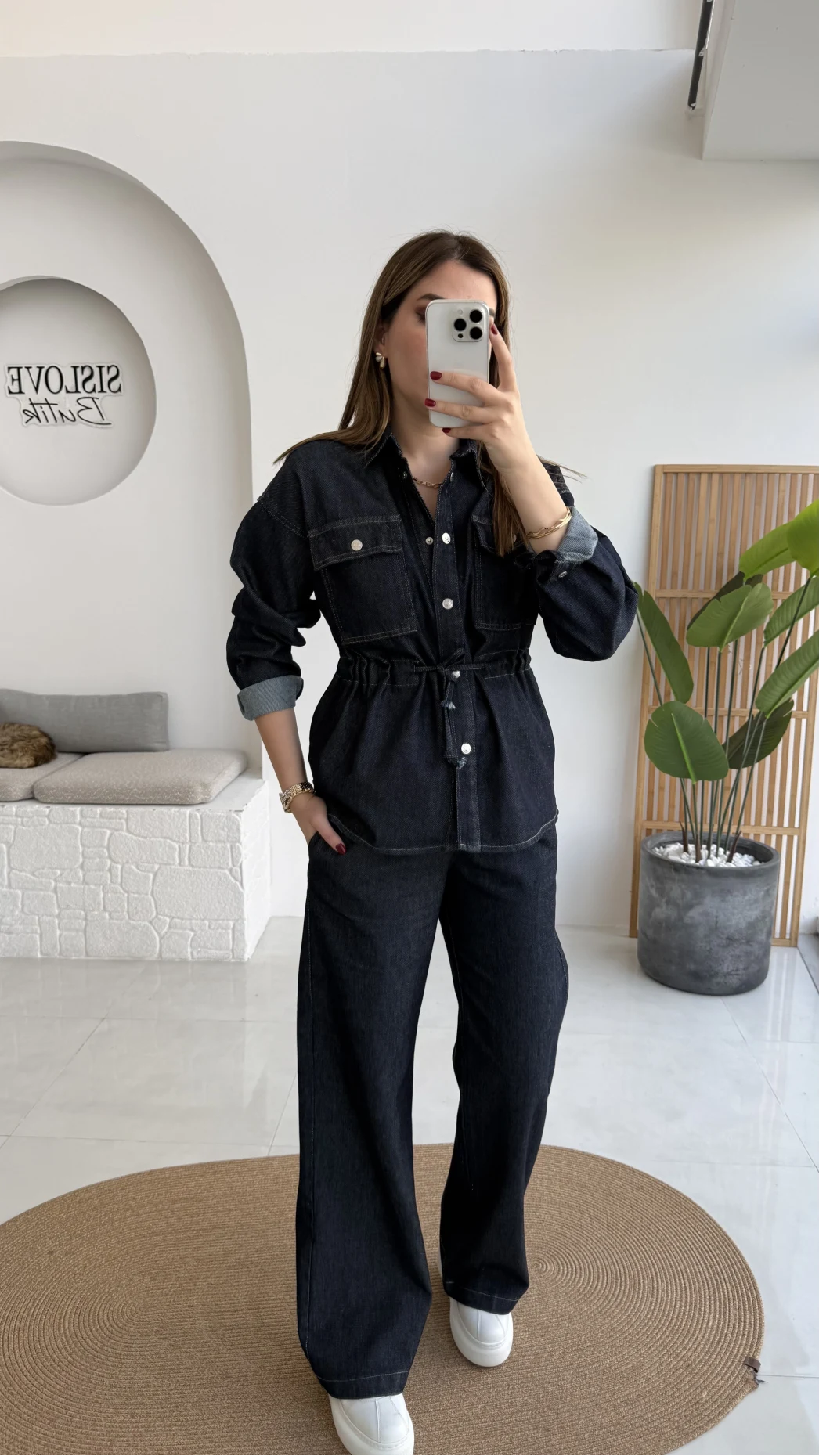 Beli Büzgülü Kot Ceket Takım - Lacivert