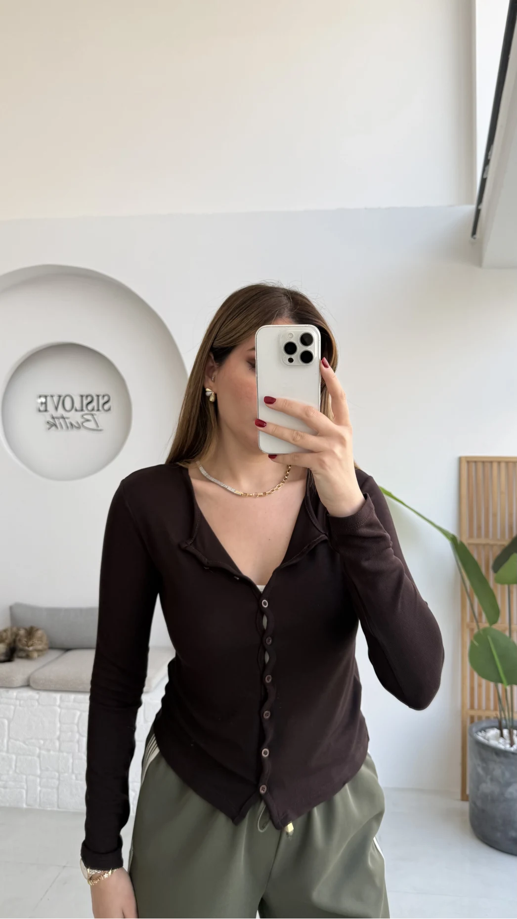 Ella Düğmeli Uzun Triko Hırka - Kahverengi