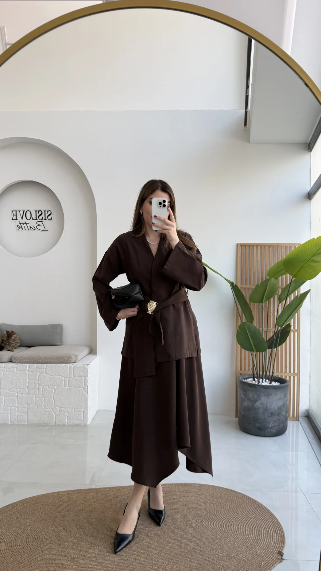 Sienna Aksesuar Kuşaklı Kimono-Etek Takım - Acı Kahve - Kod: 7047 5063