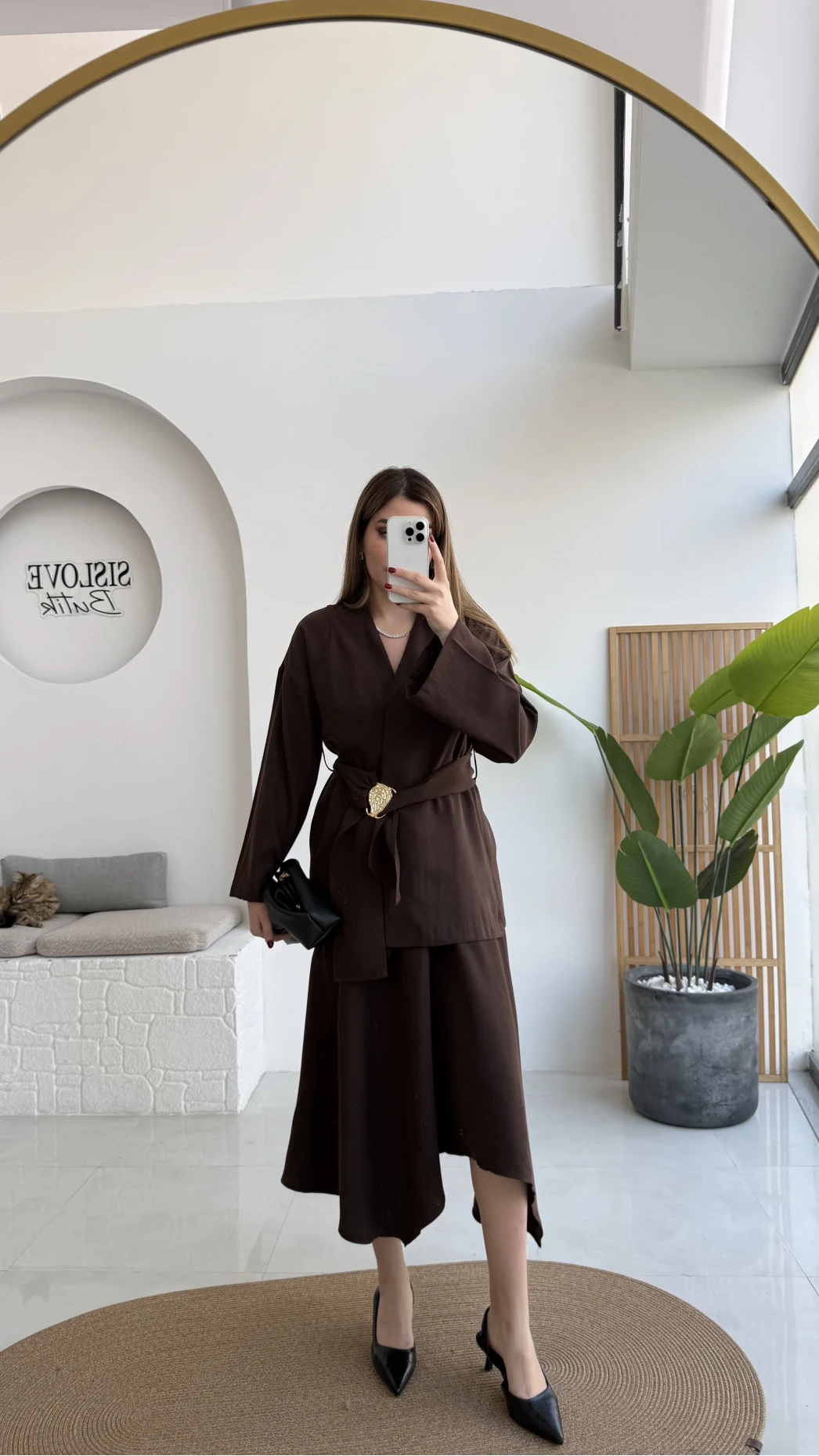 Sienna Aksesuar Kuşaklı Kimono-Etek Takım - Acı Kahve - Kod: 7047 5063