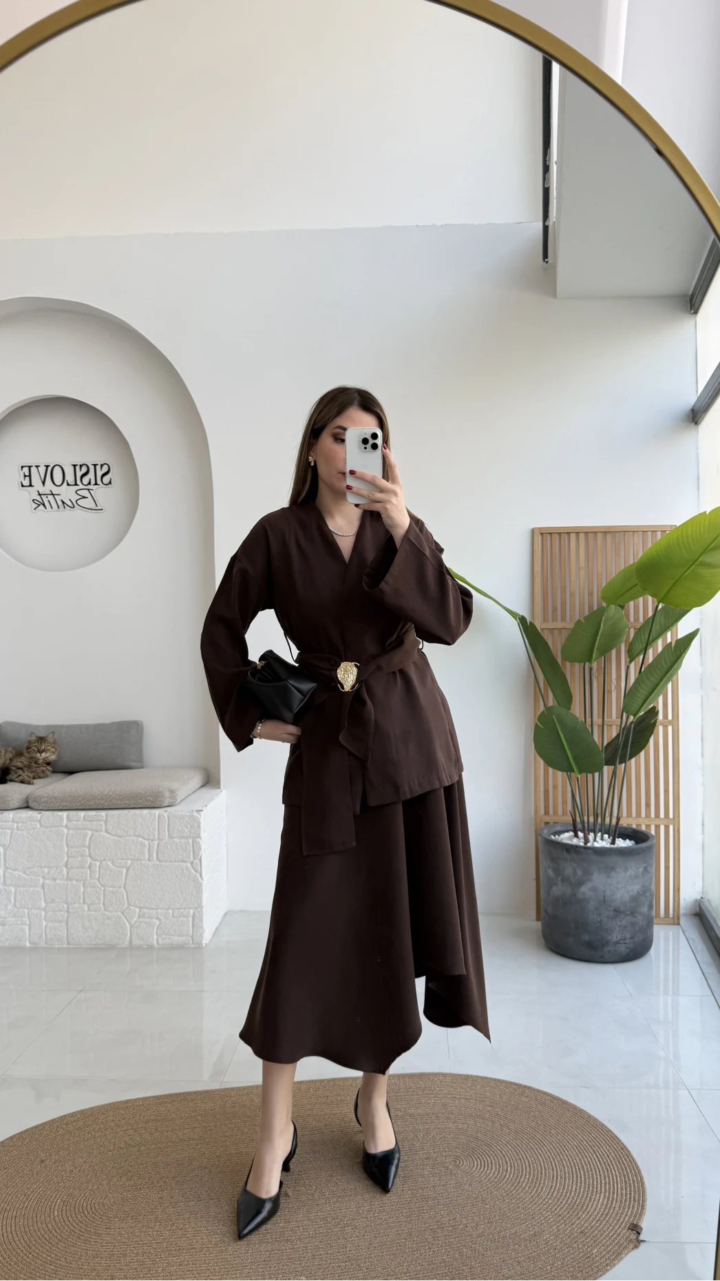 Sienna Aksesuar Kuşaklı Kimono-Etek Takım - Acı Kahve - Kod: 7047 5063