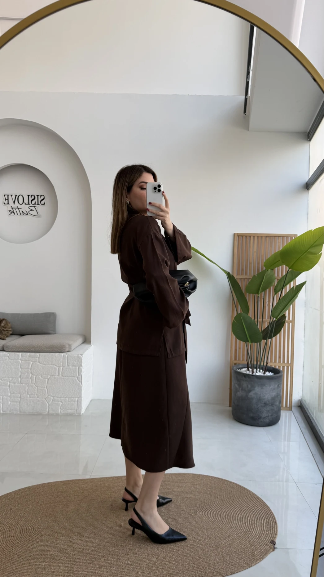 Sienna Aksesuar Kuşaklı Kimono-Etek Takım - Acı Kahve - Kod: 7047 5063