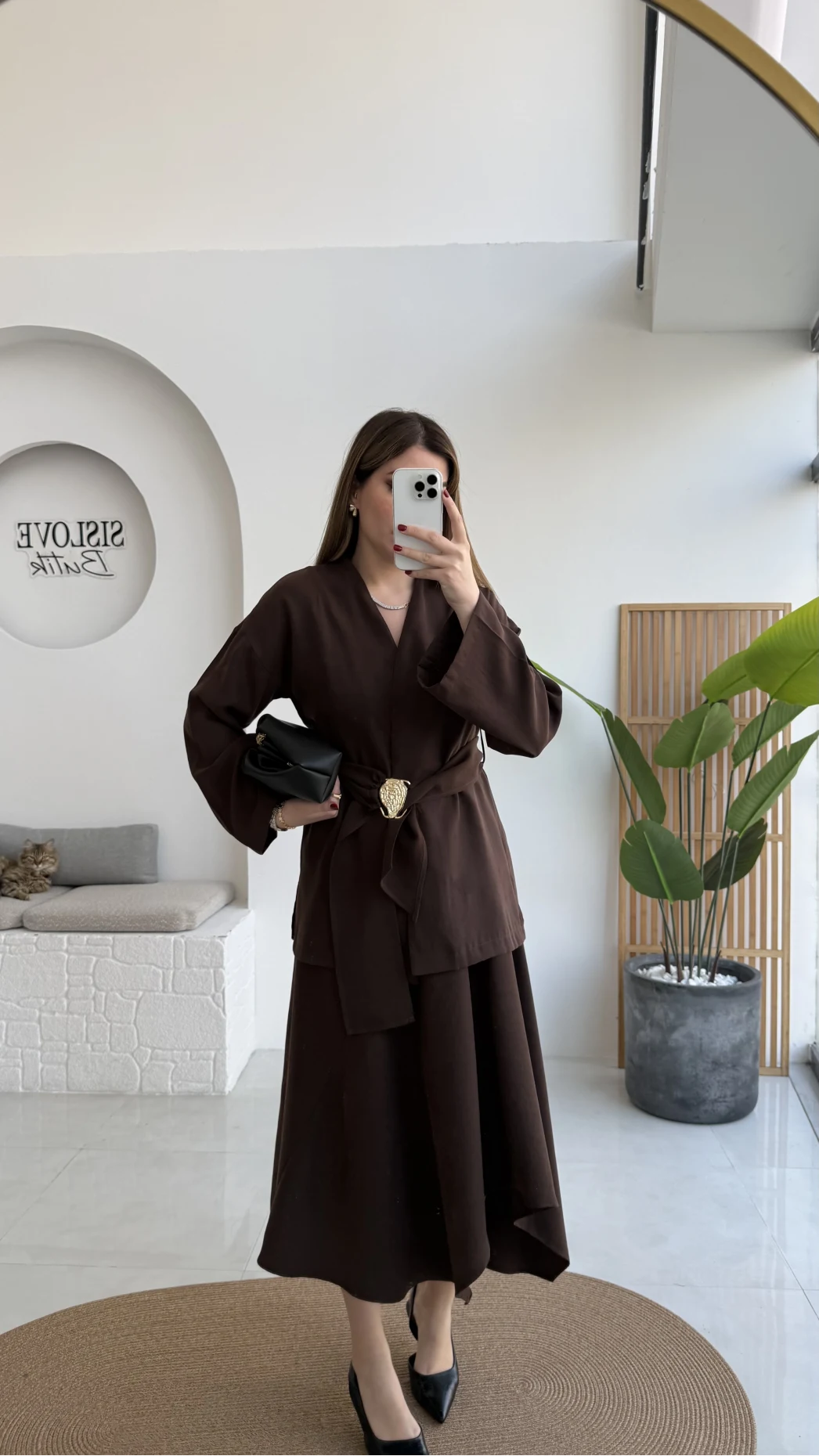 Sienna Aksesuar Kuşaklı Kimono-Etek Takım - Acı Kahve - Kod: 7047 5063