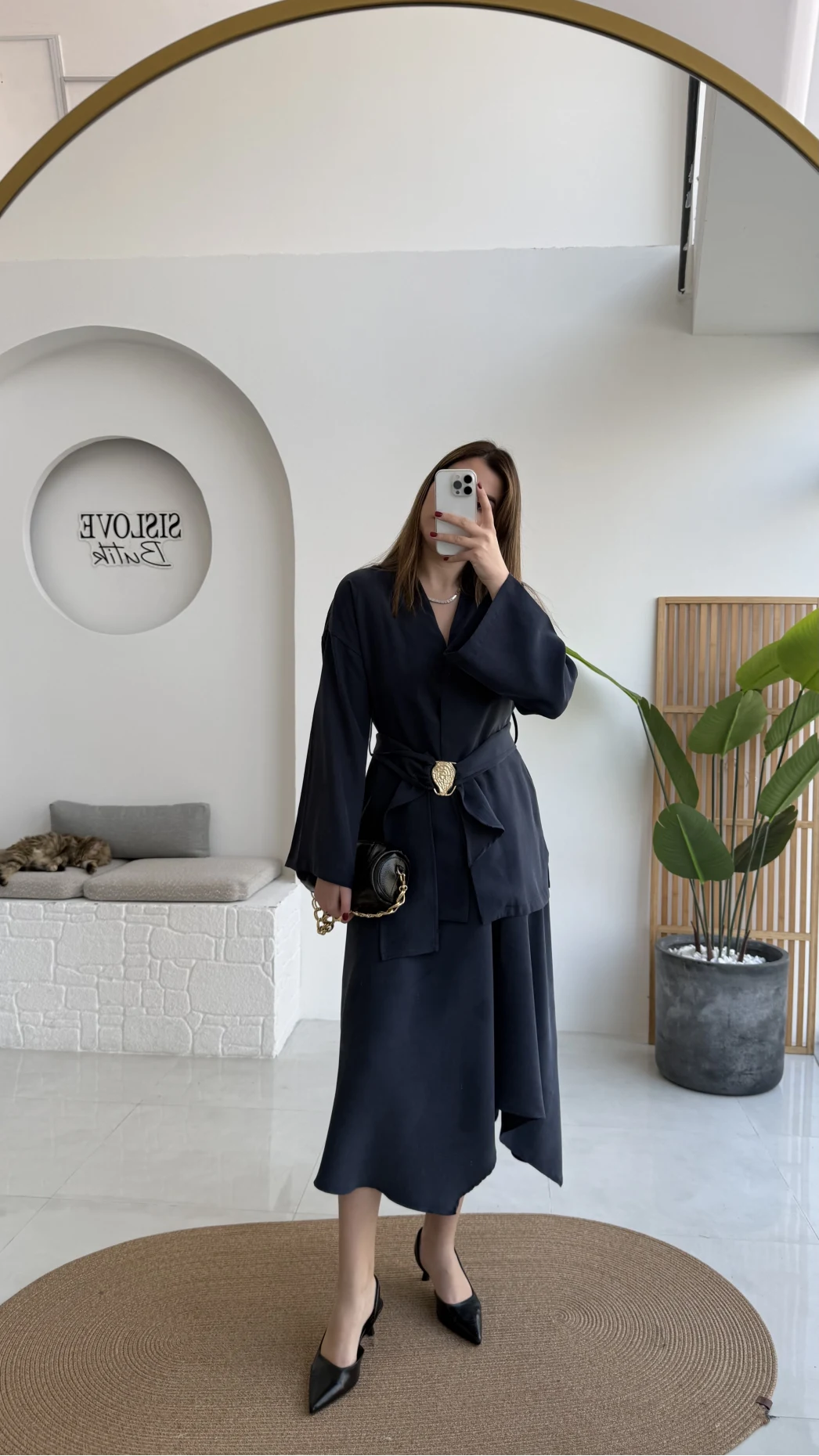 Sienna Aksesuar Kuşaklı Kimono-Etek Takım - Lacivert - Kod: 7047 5063