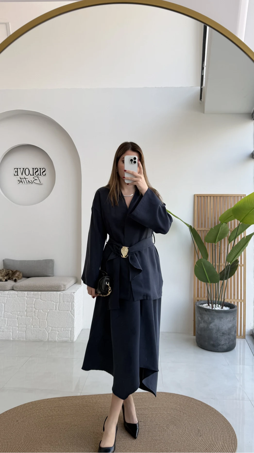 Sienna Aksesuar Kuşaklı Kimono-Etek Takım - Lacivert - Kod: 7047 5063