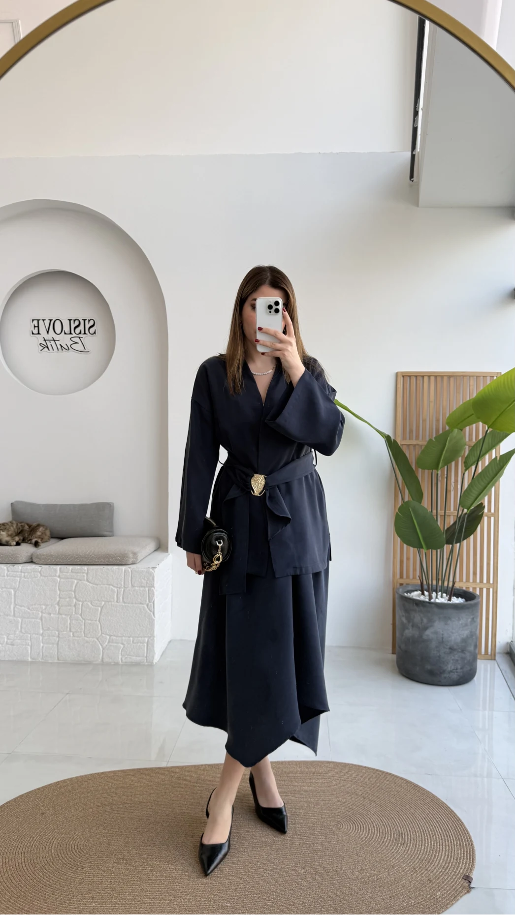 Sienna Aksesuar Kuşaklı Kimono-Etek Takım - Lacivert - Kod: 7047 5063