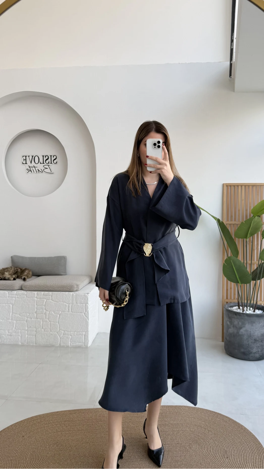 Sienna Aksesuar Kuşaklı Kimono-Etek Takım - Lacivert - Kod: 7047 5063