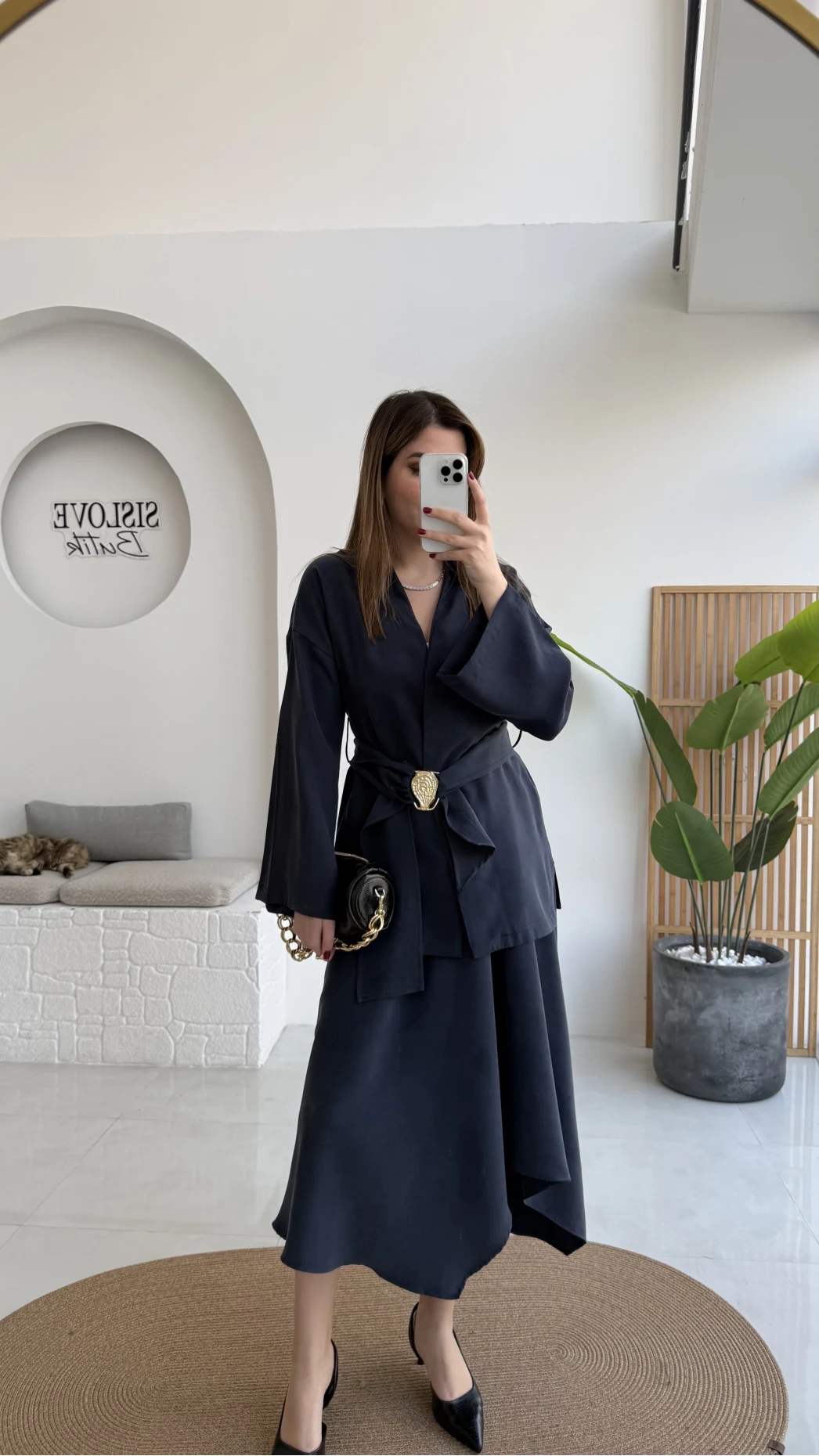 Sienna Aksesuar Kuşaklı Kimono-Etek Takım - Lacivert - Kod: 7047 5063